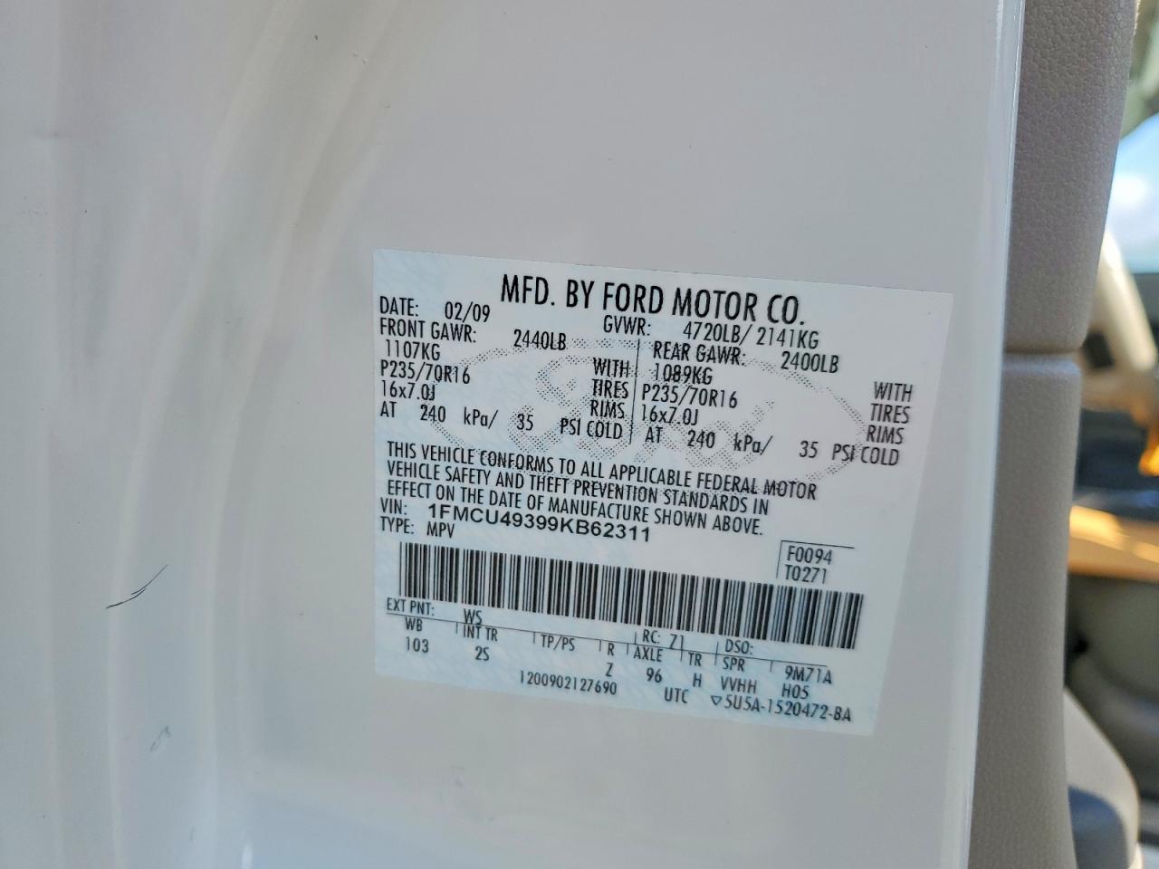 2009 Ford Escape Hybrid White vin: 1FMCU49399KB62311