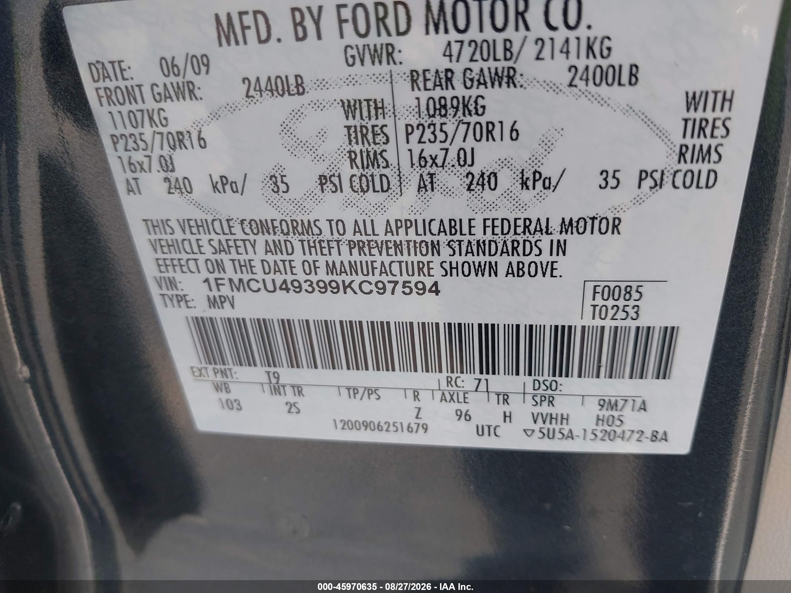 2009 Ford Escape Hybrid   Gray vin: 1FMCU49399KC97594