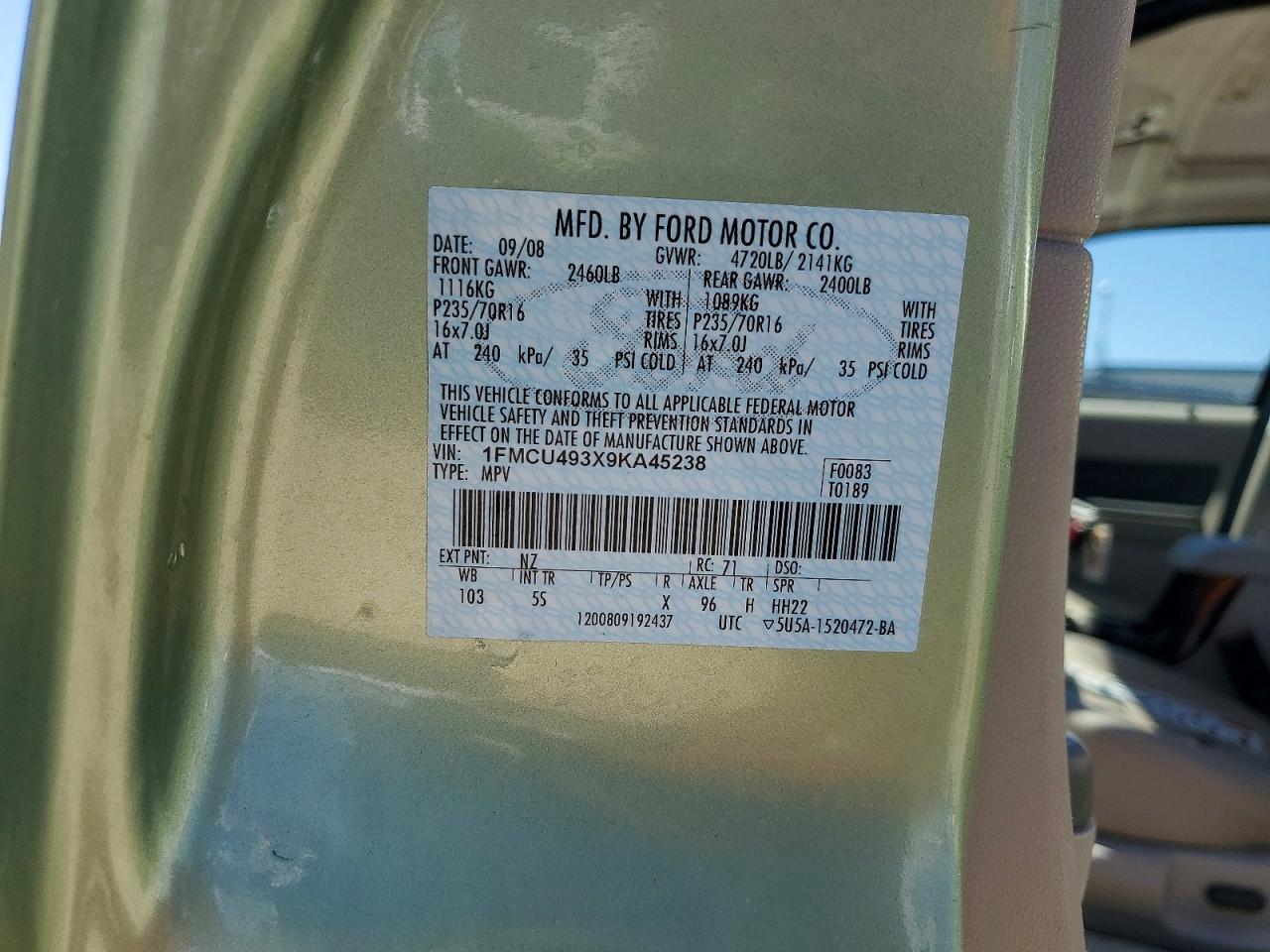 2009 Ford Escape Hybrid Green vin: 1FMCU493X9KA45238