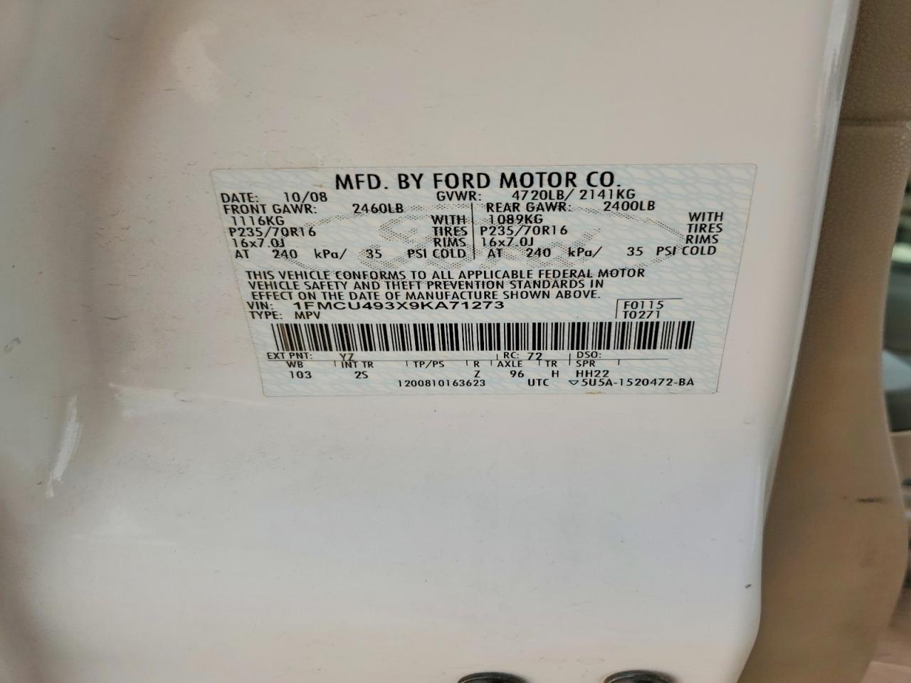 2009 Ford Escape Hybrid White vin: 1FMCU493X9KA71273