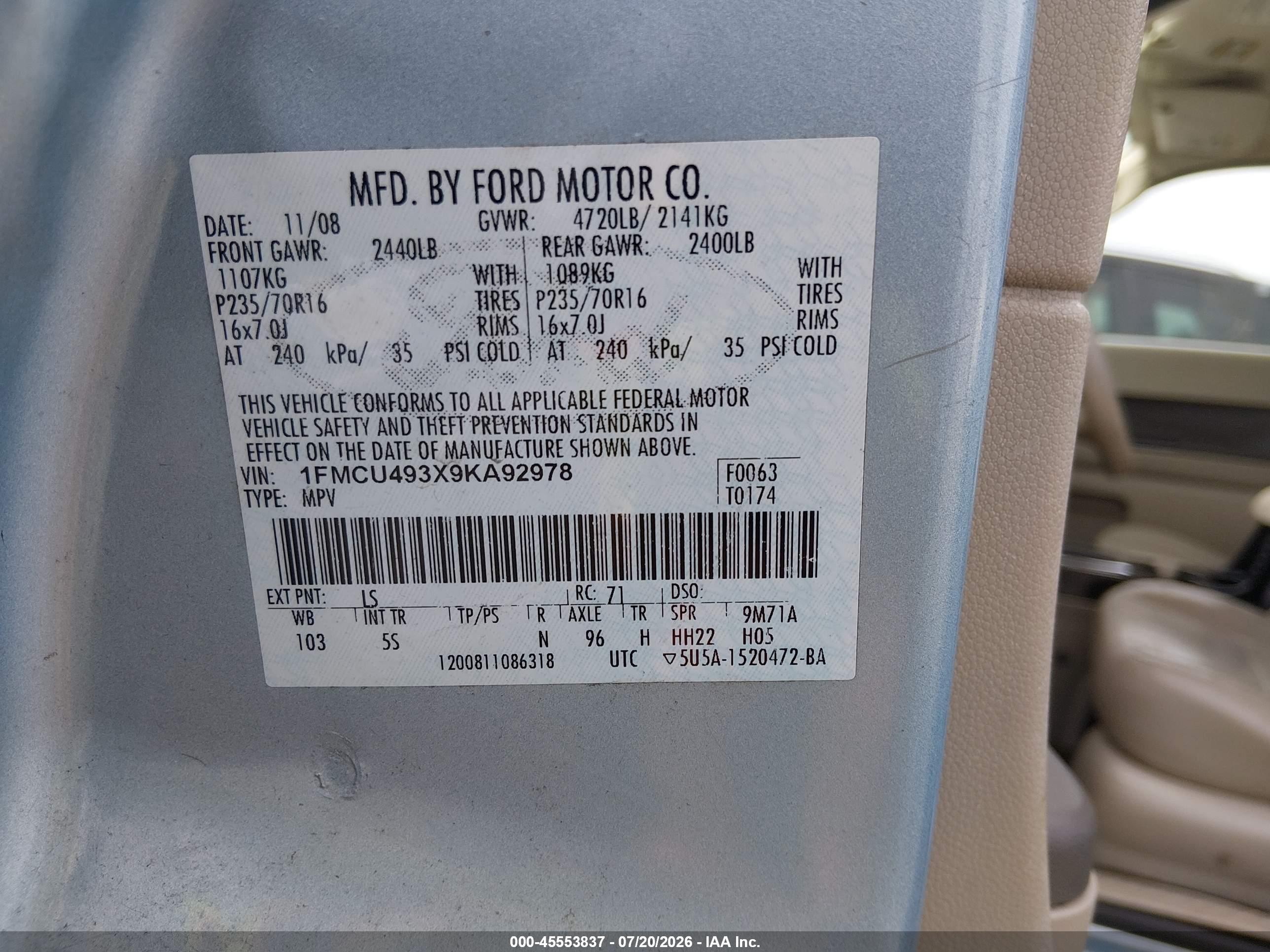 2009 Ford Escape Hybrid Limited Light Blue vin: 1FMCU493X9KA92978