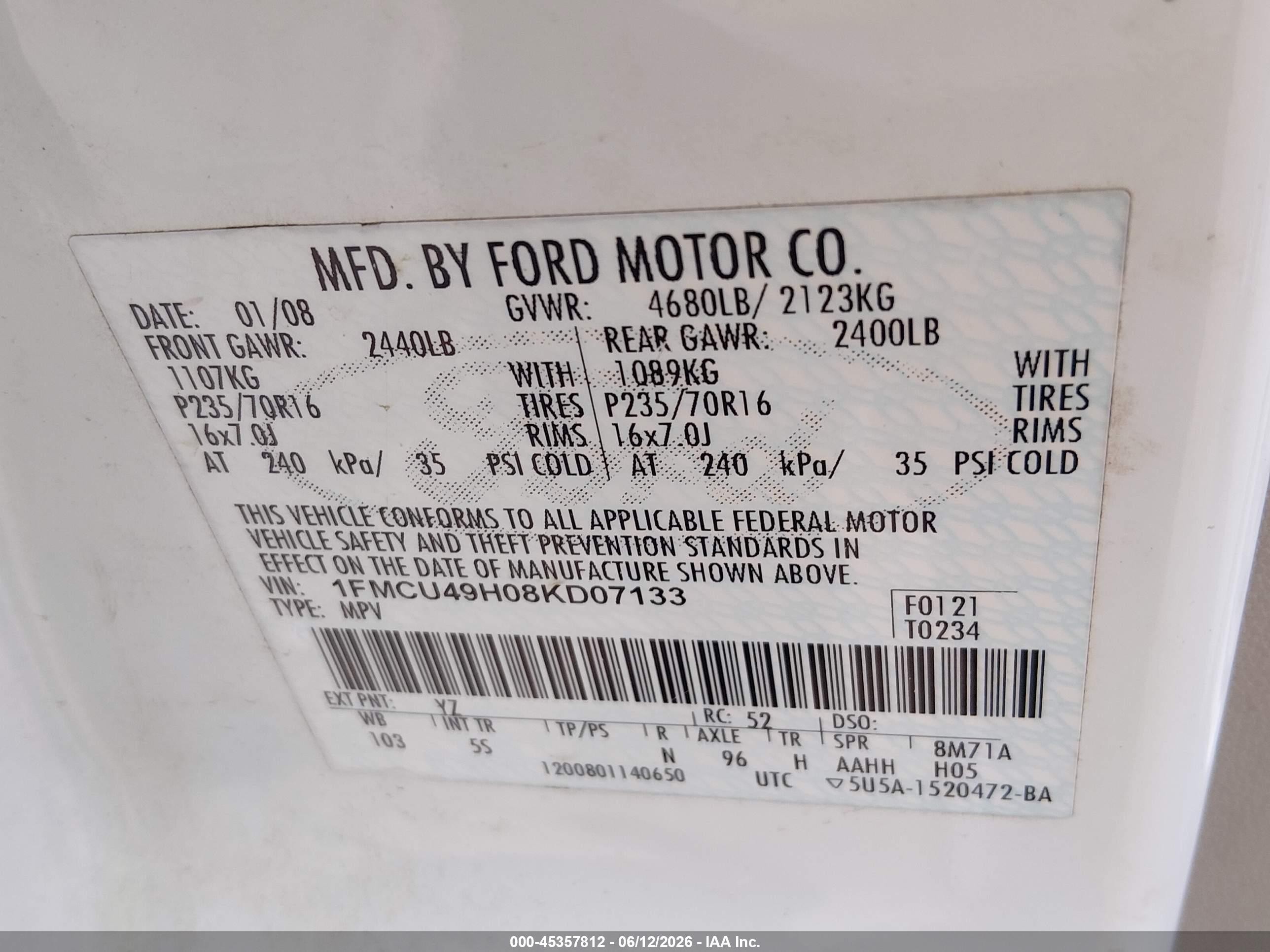 2008 Ford Escape Hybrid   White vin: 1FMCU49H08KD07133