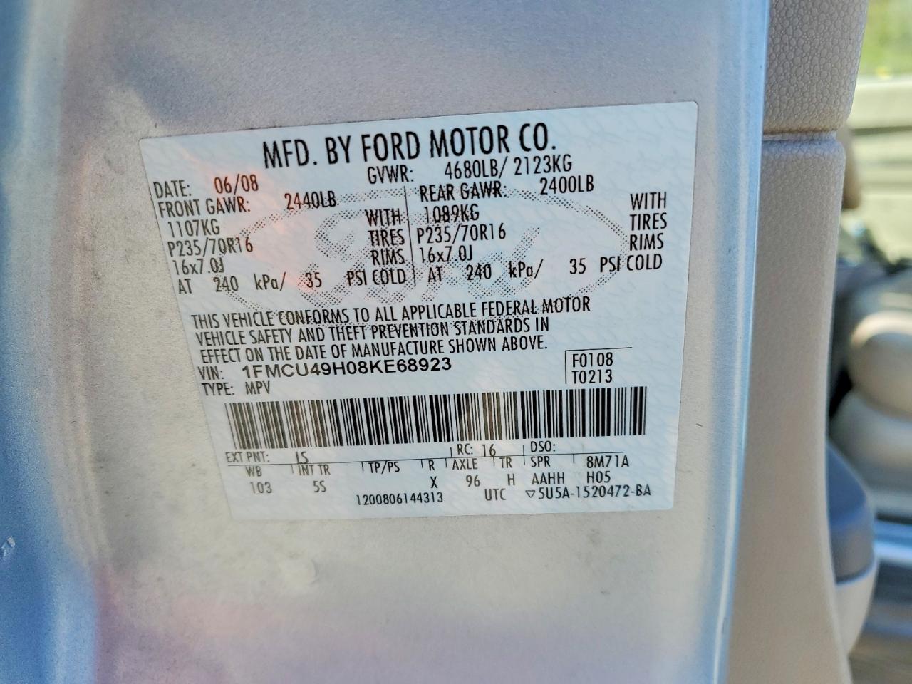 2008 Ford Escape Hev Blue vin: 1FMCU49H08KE68923