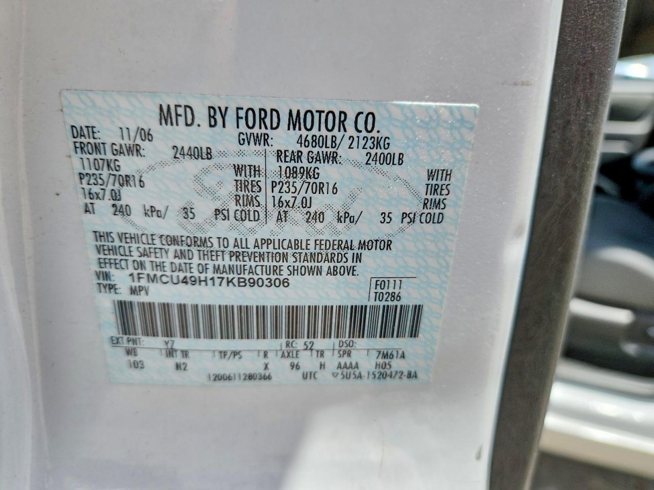 2007 Ford Escape Hev Белый vin: 1FMCU49H17KB90306