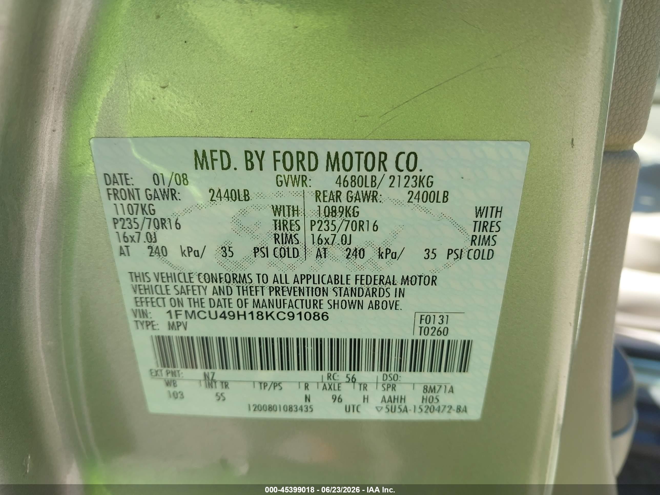 2008 Ford Escape Hybrid   Green vin: 1FMCU49H18KC91086