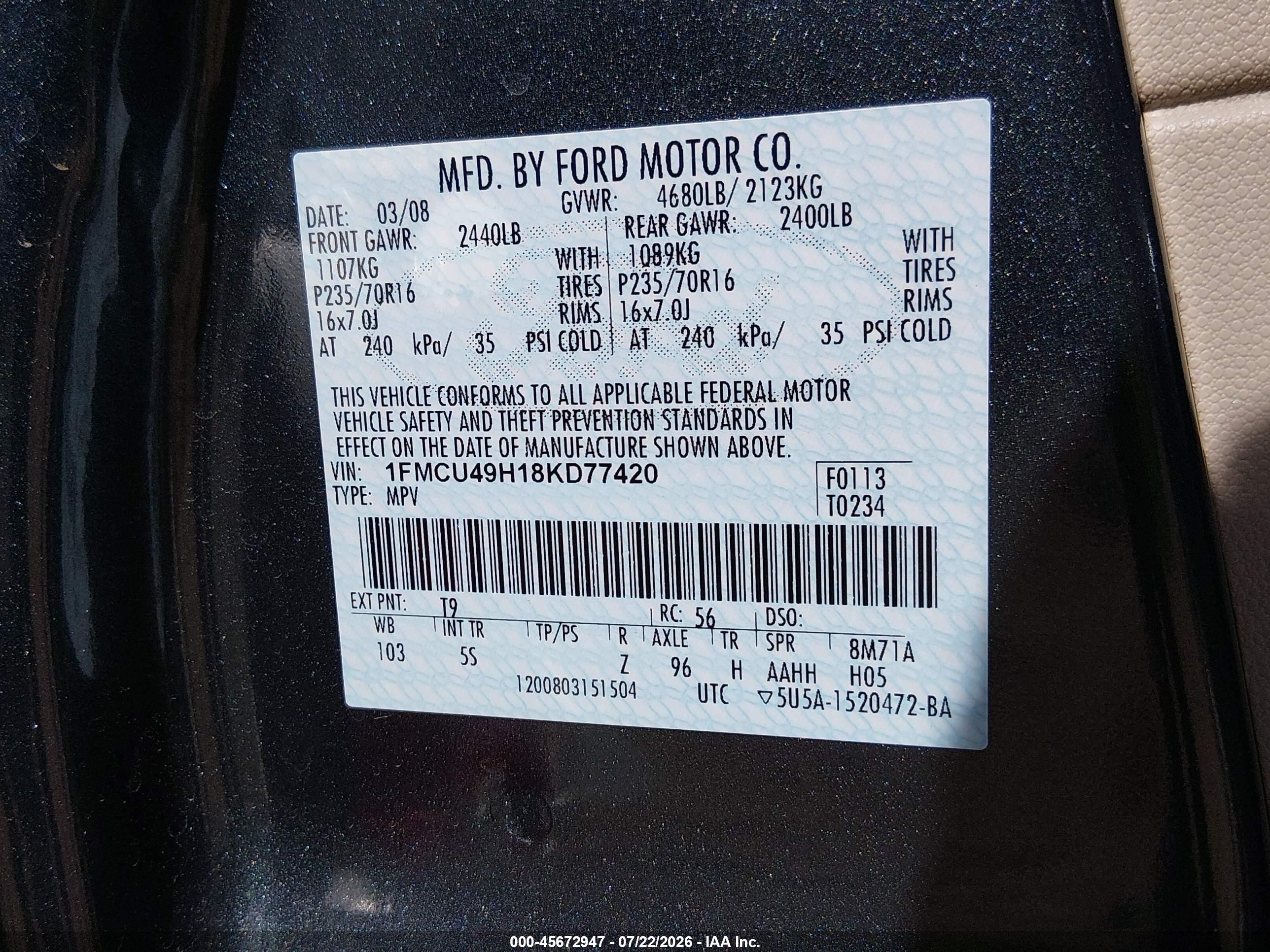 2008 Ford Escape Hybrid   Серый vin: 1FMCU49H18KD77420
