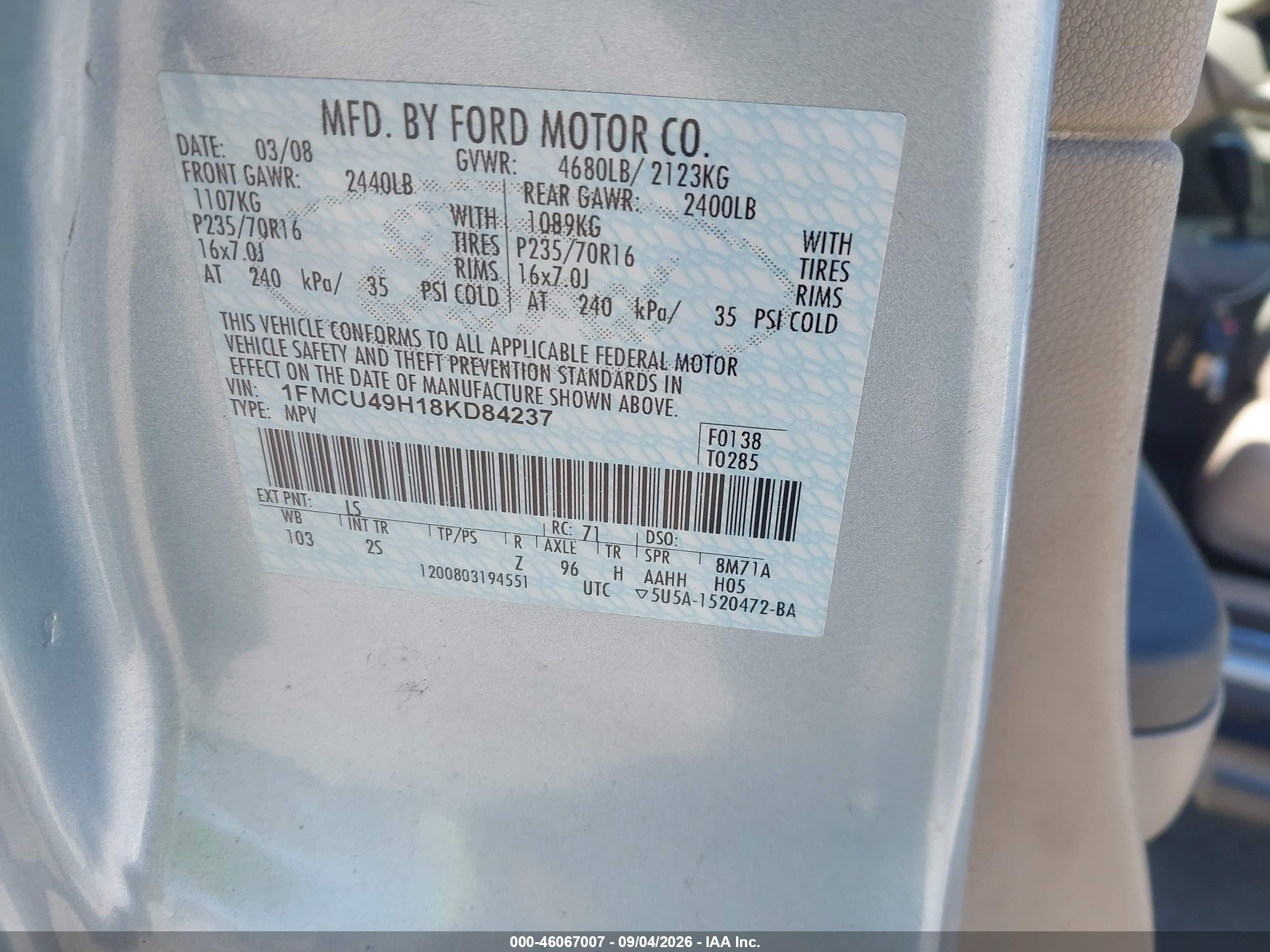 2008 Ford Escape Hybrid   Blue vin: 1FMCU49H18KD84237