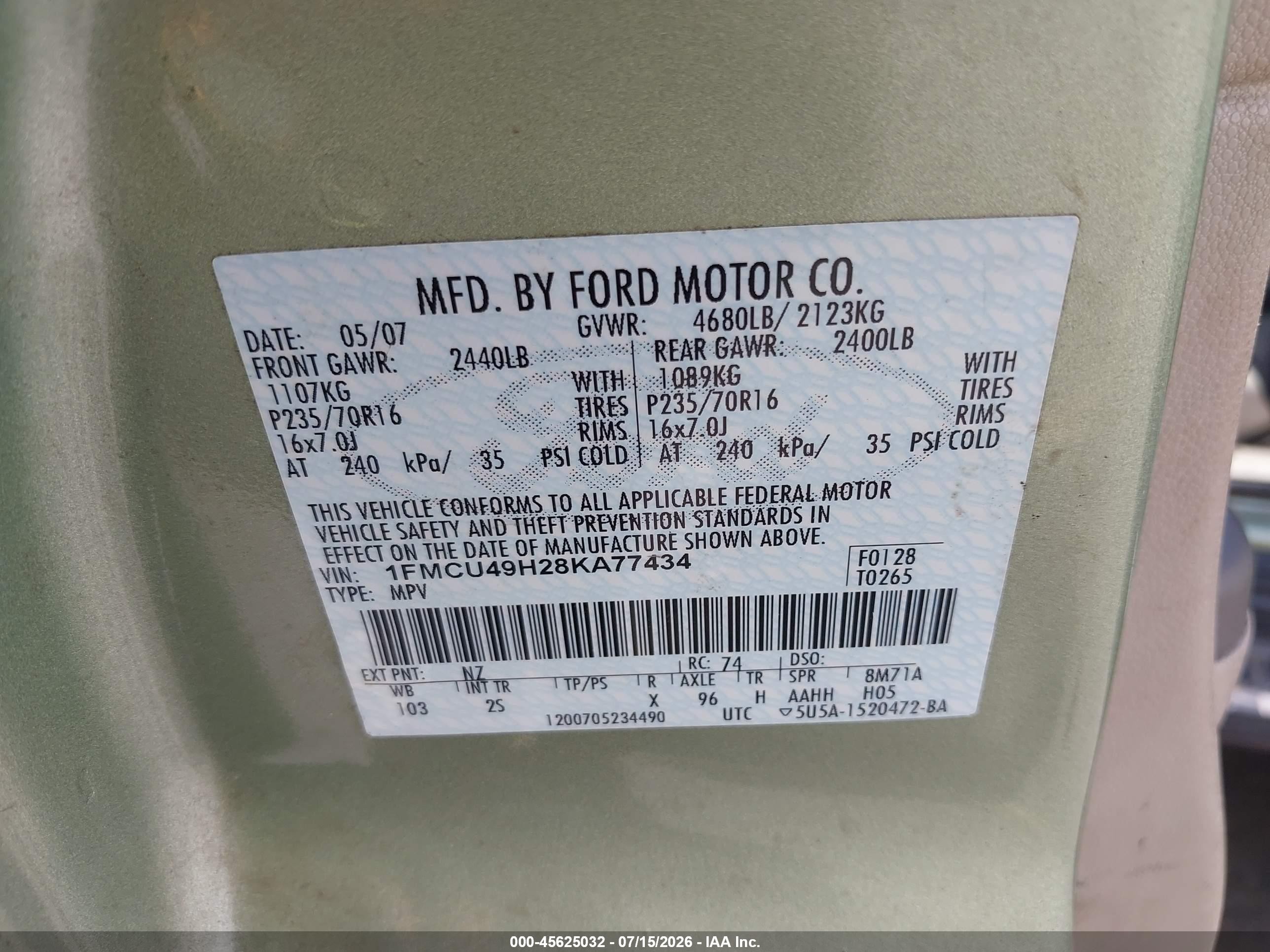 2008 Ford Escape Hybrid   Зеленый vin: 1FMCU49H28KA77434