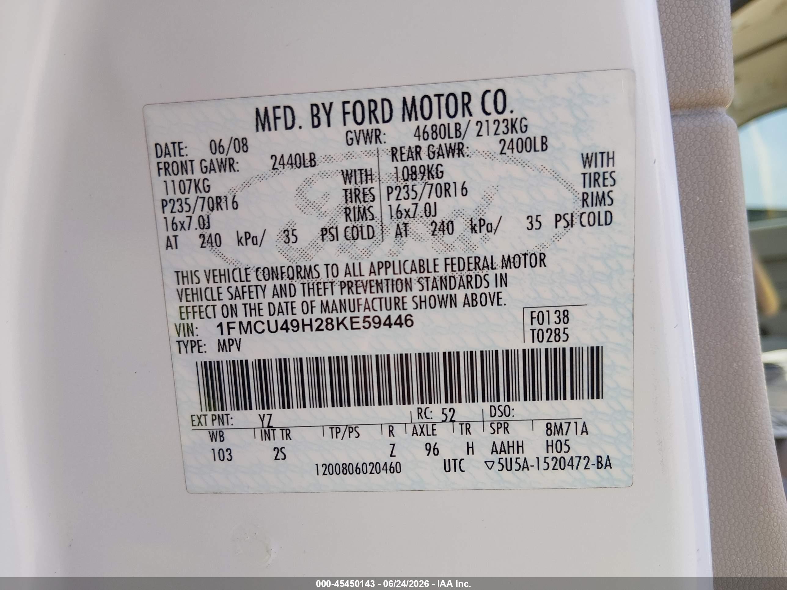 2008 Ford Escape Hybrid   White vin: 1FMCU49H28KE59446