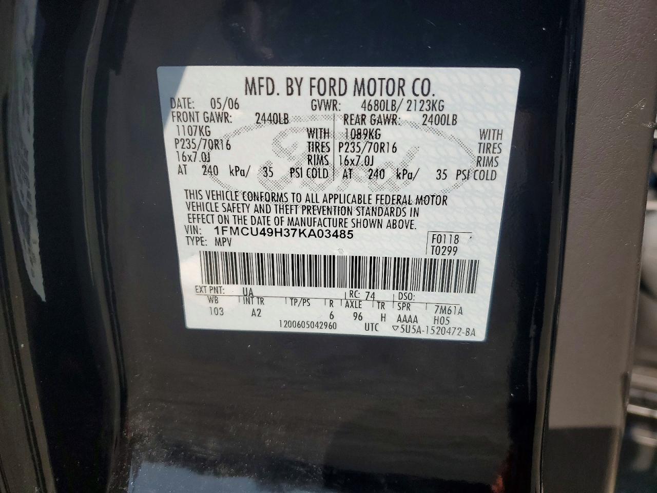 2007 Ford Escape Hev Black vin: 1FMCU49H37KA03485
