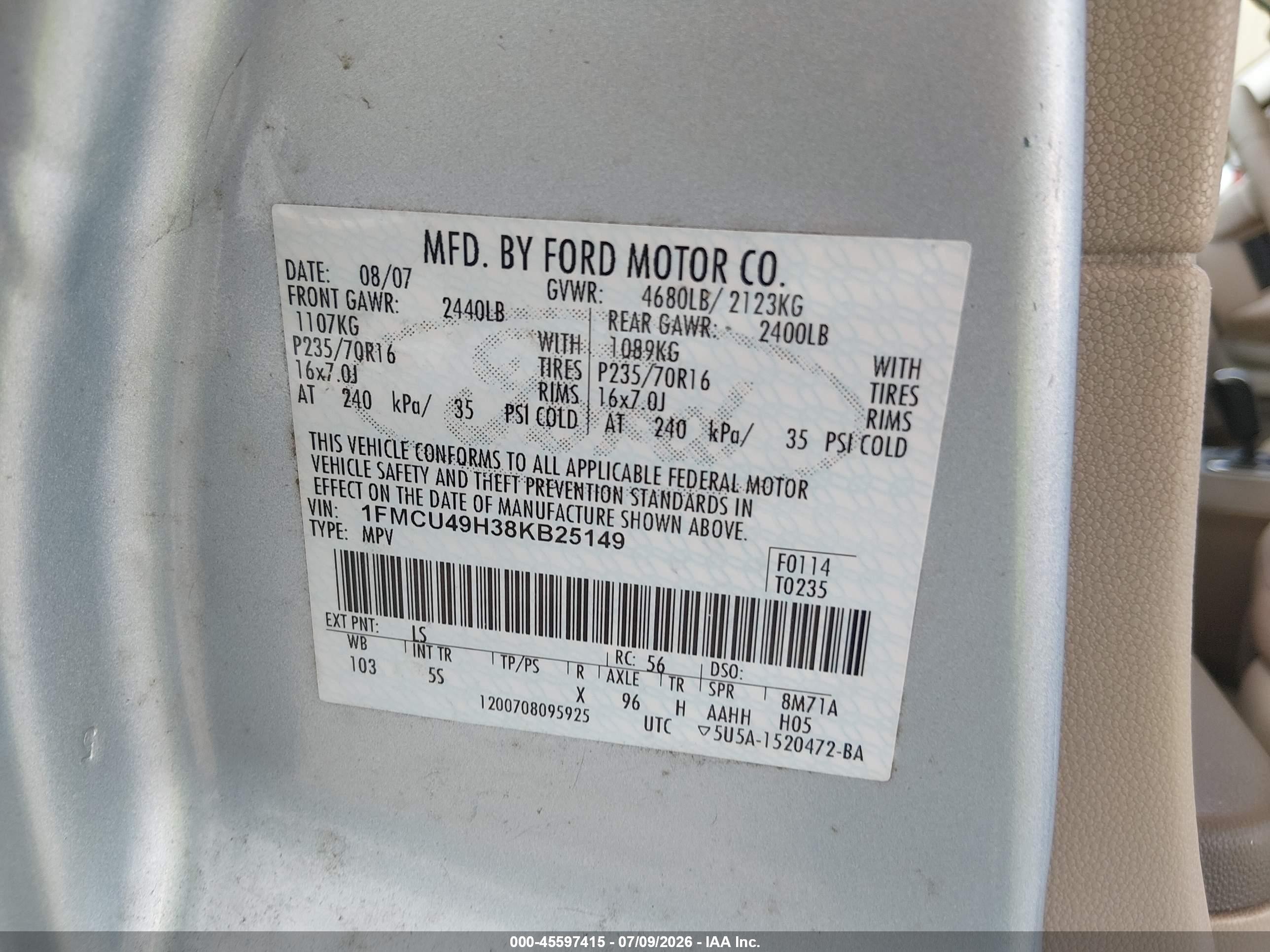 2008 Ford Escape Hybrid   Light Blue vin: 1FMCU49H38KB25149