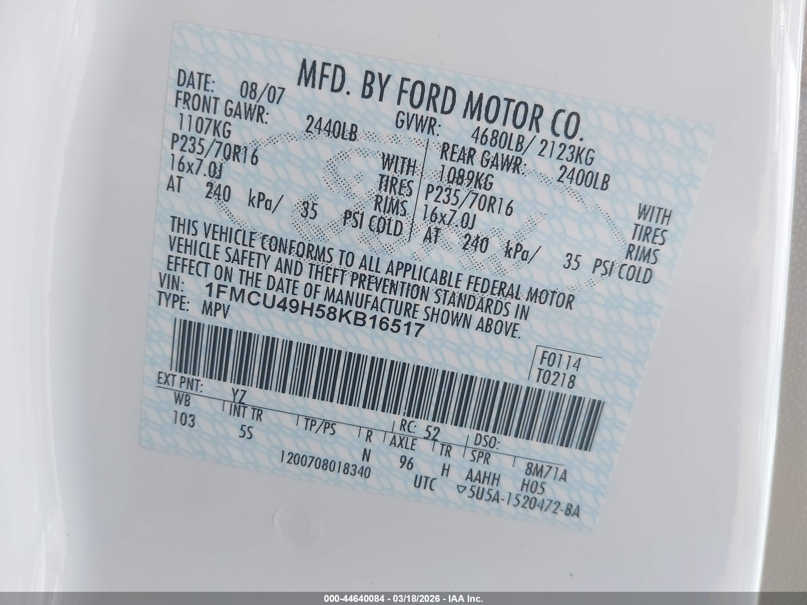 2008 Ford Escape Hybrid   White vin: 1FMCU49H58KB16517
