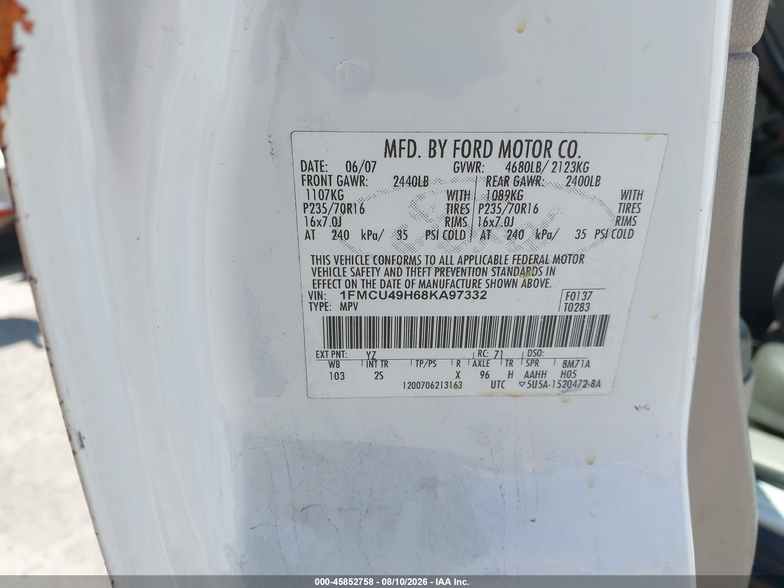 2008 Ford Escape Hybrid   Белый vin: 1FMCU49H68KA97332