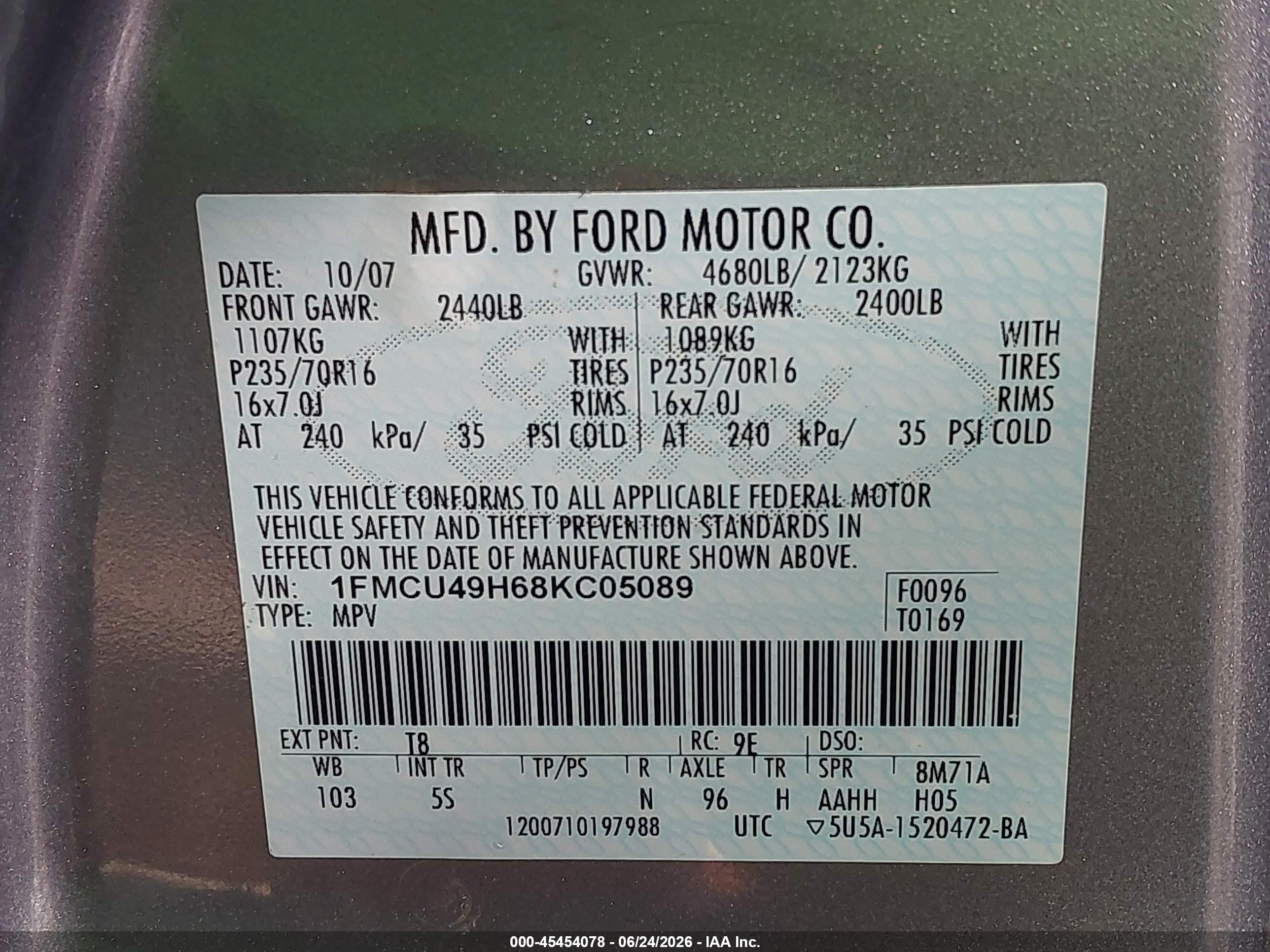 2008 Ford Escape Hybrid   Blue vin: 1FMCU49H68KC05089