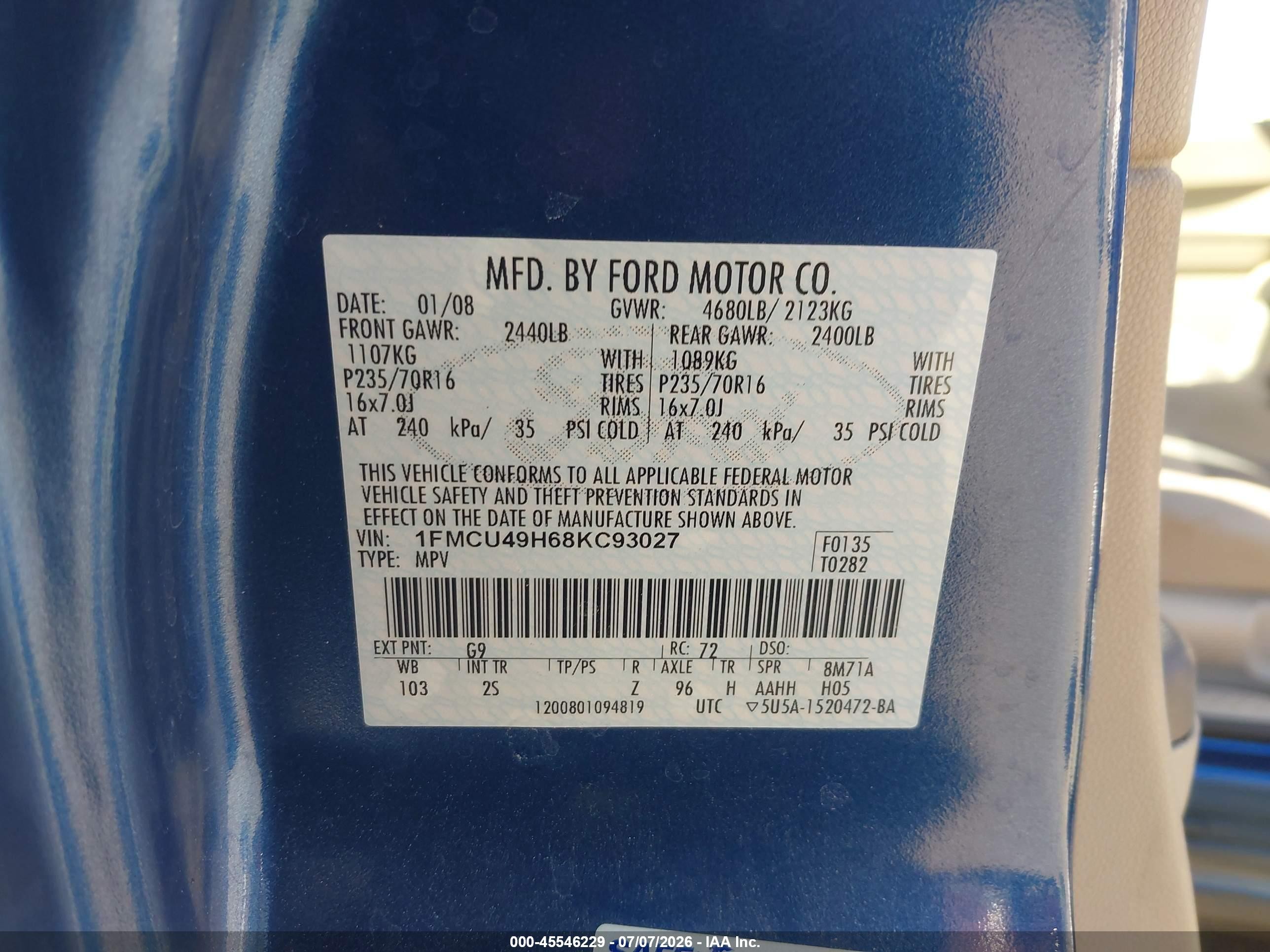 2008 Ford Escape Hybrid   Blue vin: 1FMCU49H68KC93027
