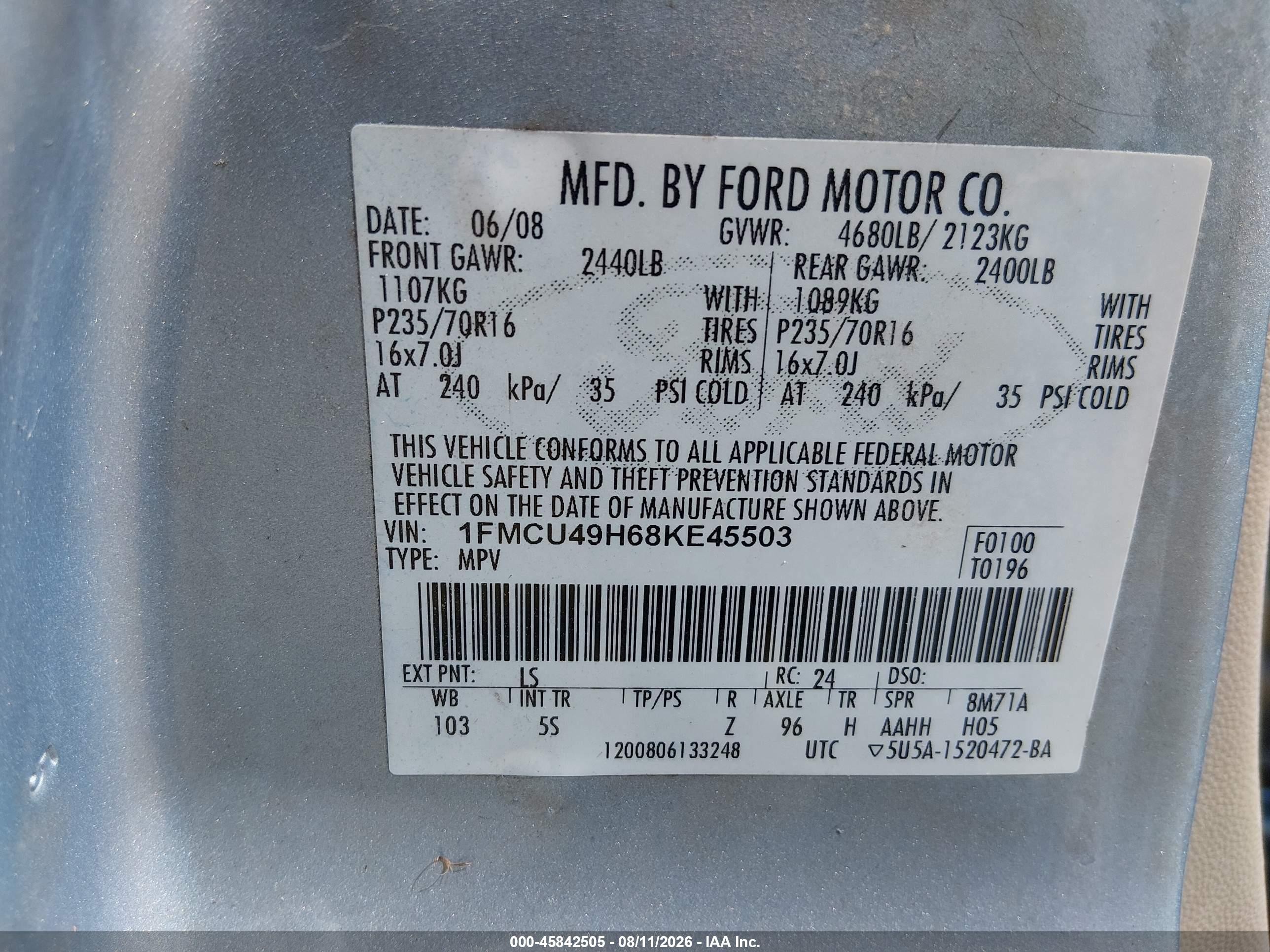 2008 Ford Escape Hybrid   Light Blue vin: 1FMCU49H68KE45503