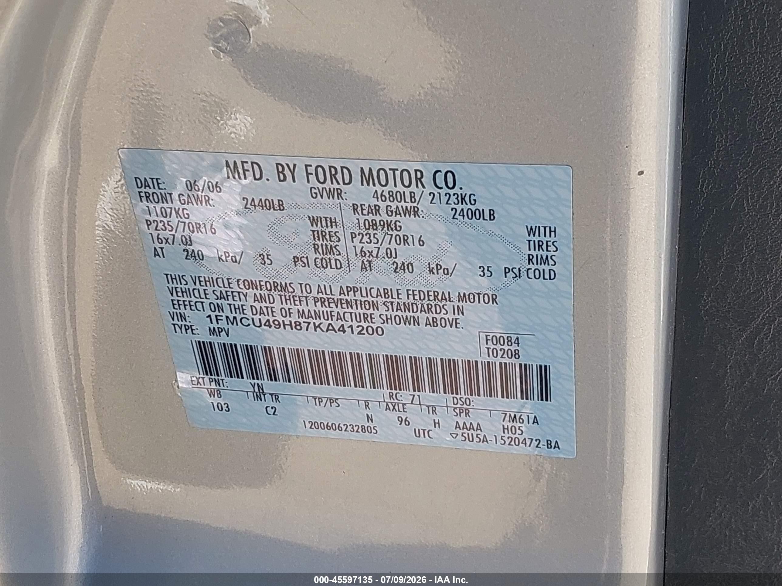 2007 Ford Escape Hybrid   Gray vin: 1FMCU49H87KA41200