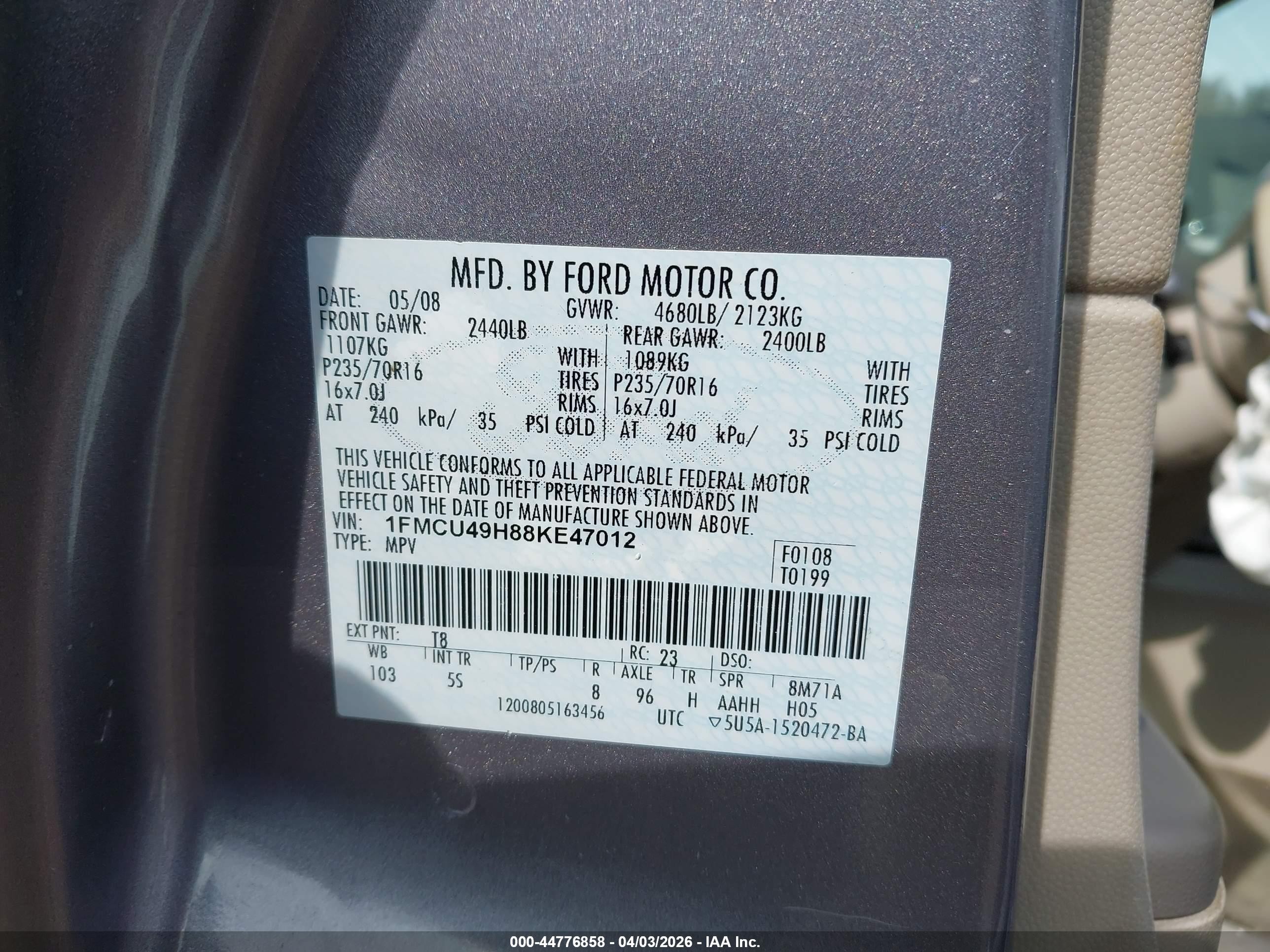 2008 Ford Escape Hybrid   Gray vin: 1FMCU49H88KE47012