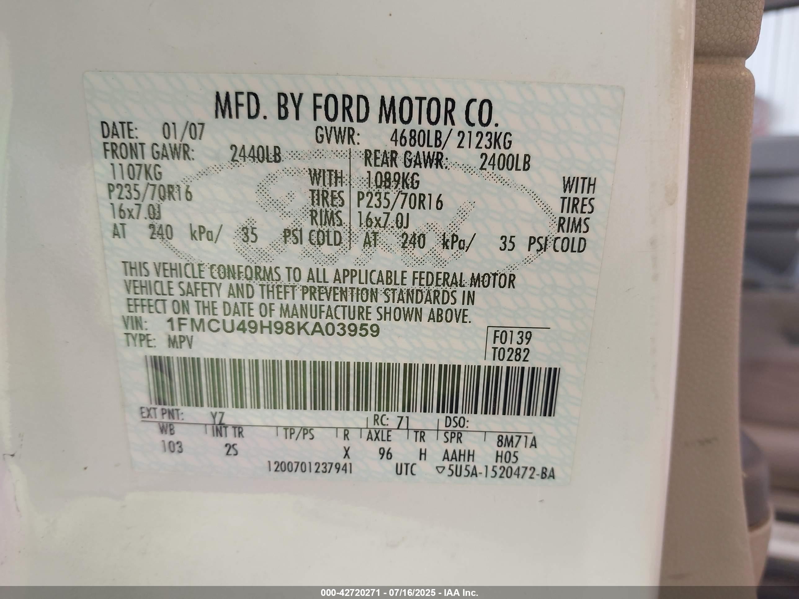 2008 Ford Escape Hybrid   White vin: 1FMCU49H98KA03959