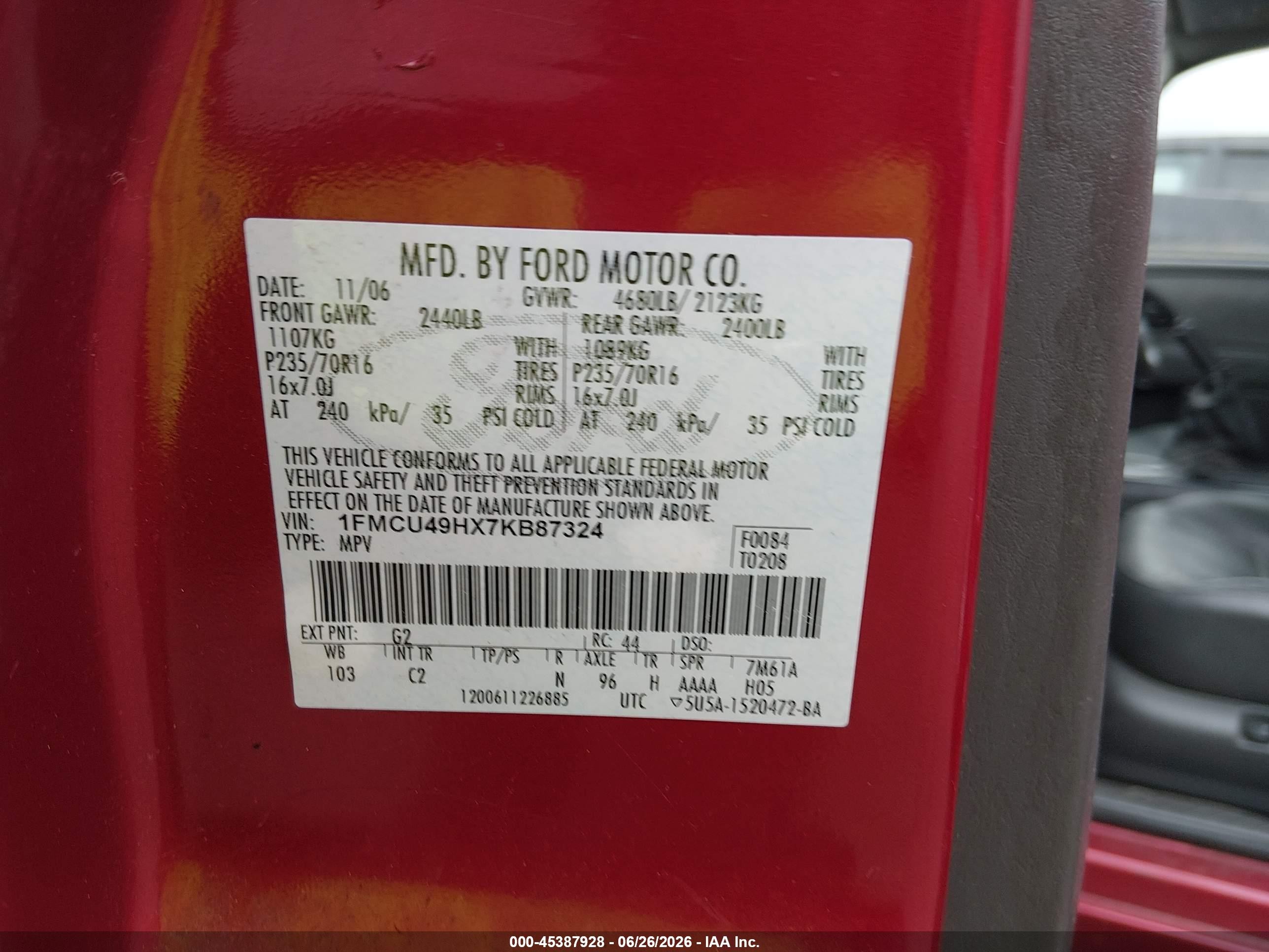 2007 Ford Escape Hybrid   Red vin: 1FMCU49HX7KB87324
