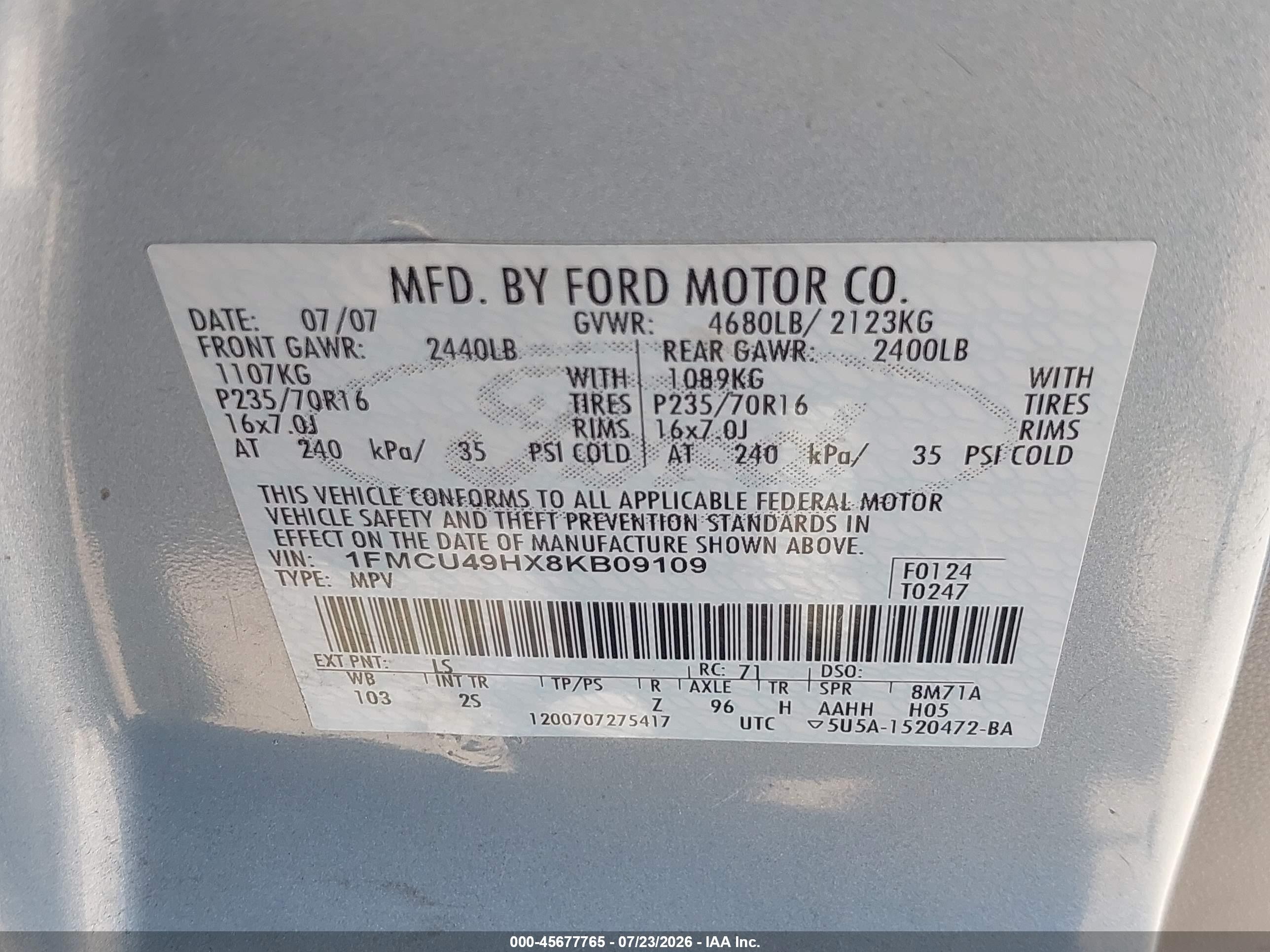 2008 Ford Escape Hybrid   Синий vin: 1FMCU49HX8KB09109