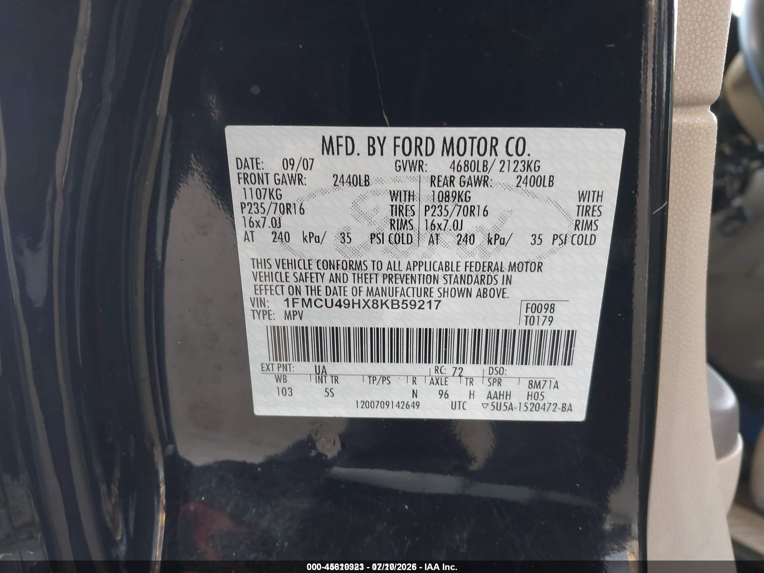 2008 Ford Escape Hybrid   Black vin: 1FMCU49HX8KB59217