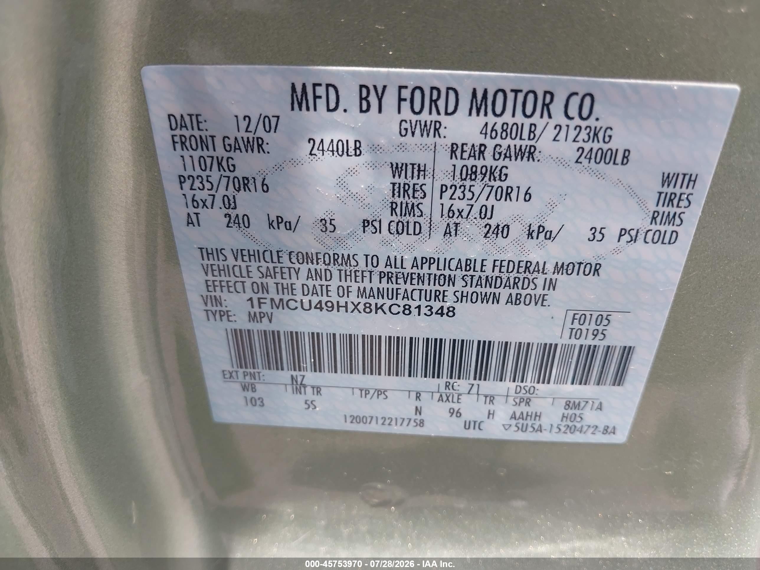 2008 Ford Escape Hybrid   Green vin: 1FMCU49HX8KC81348