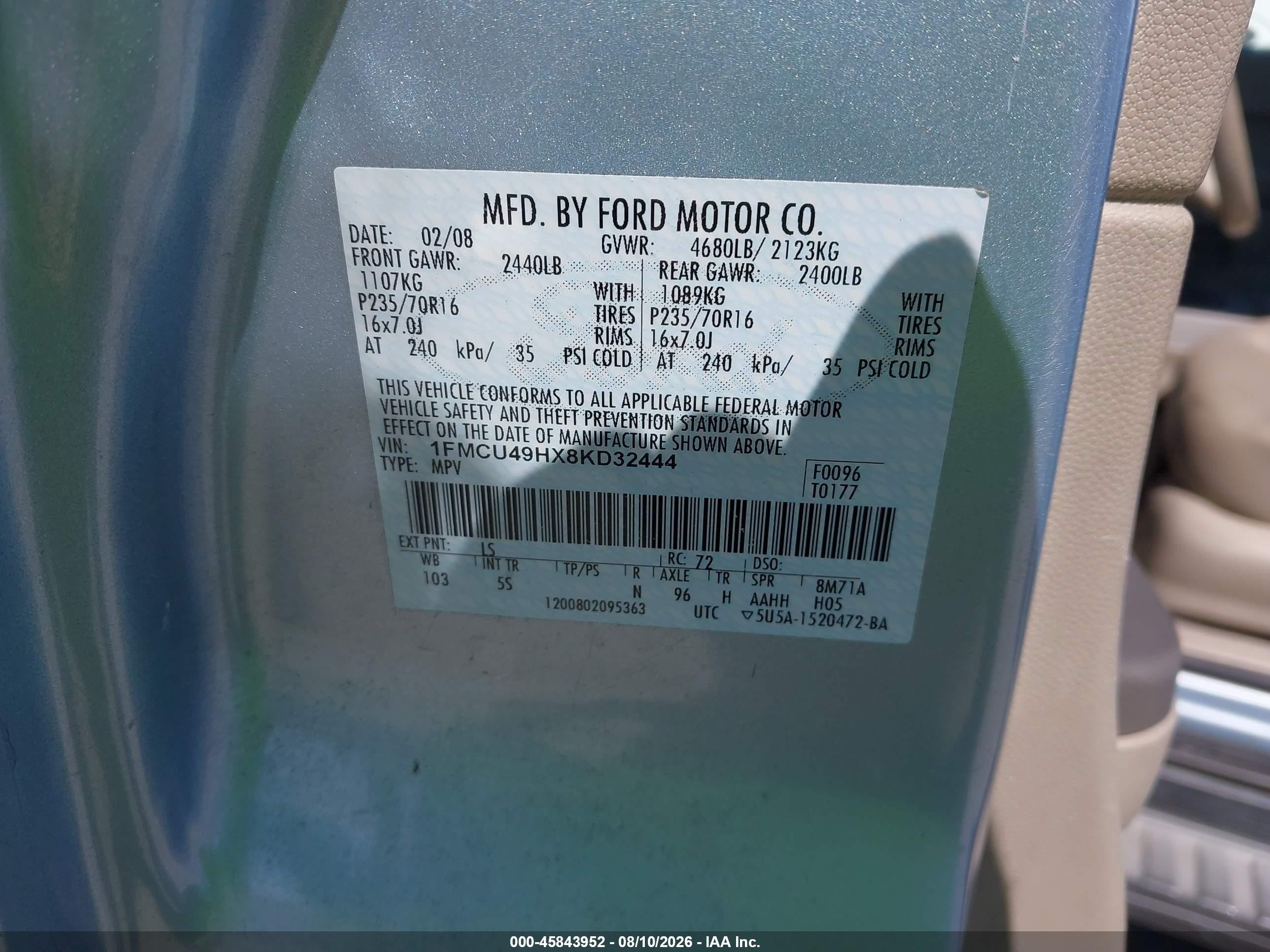 2008 Ford Escape Hybrid   Light Blue vin: 1FMCU49HX8KD32444