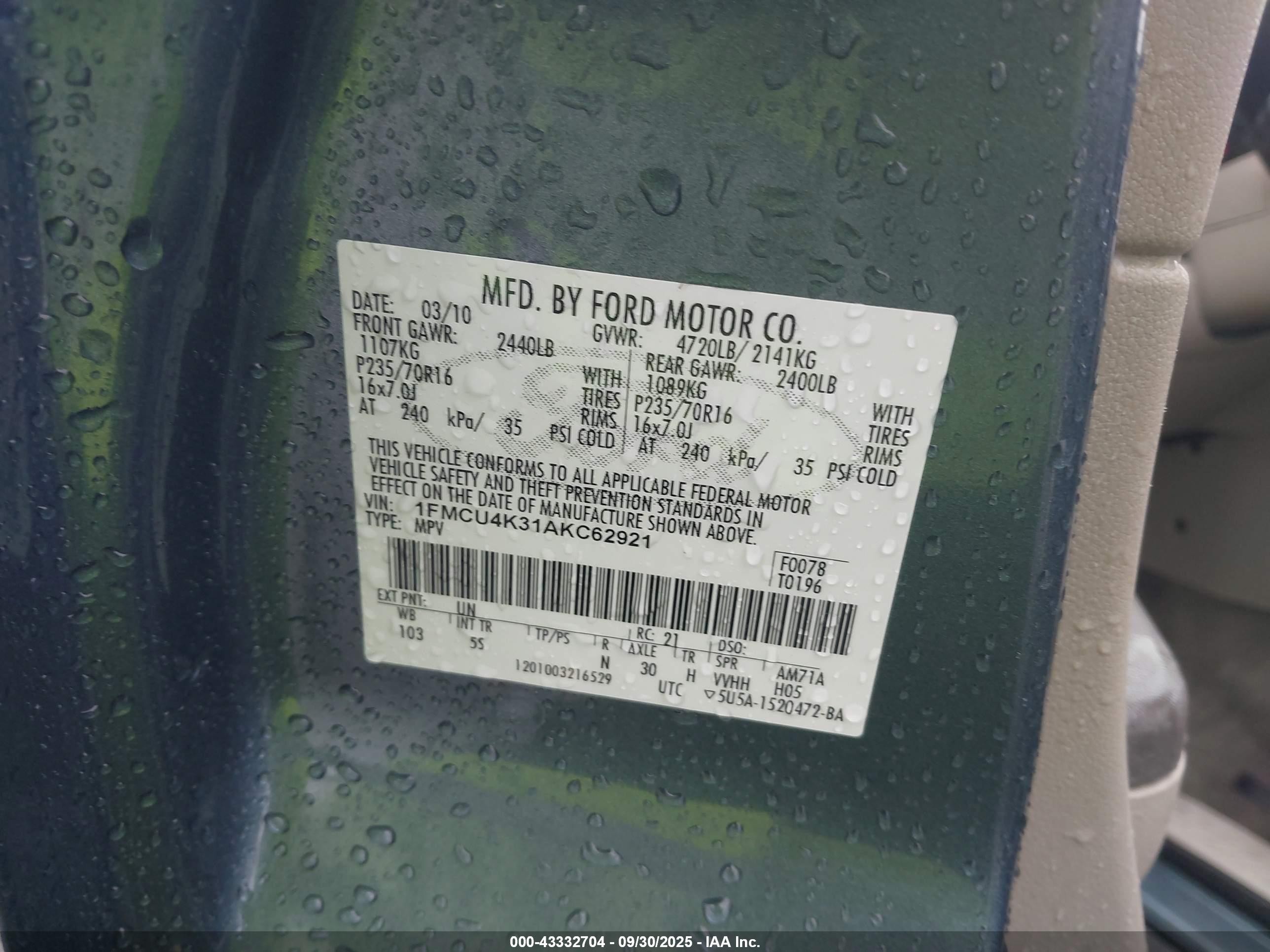 2010 Ford Escape Hybrid Limited Blue vin: 1FMCU4K31AKC62921