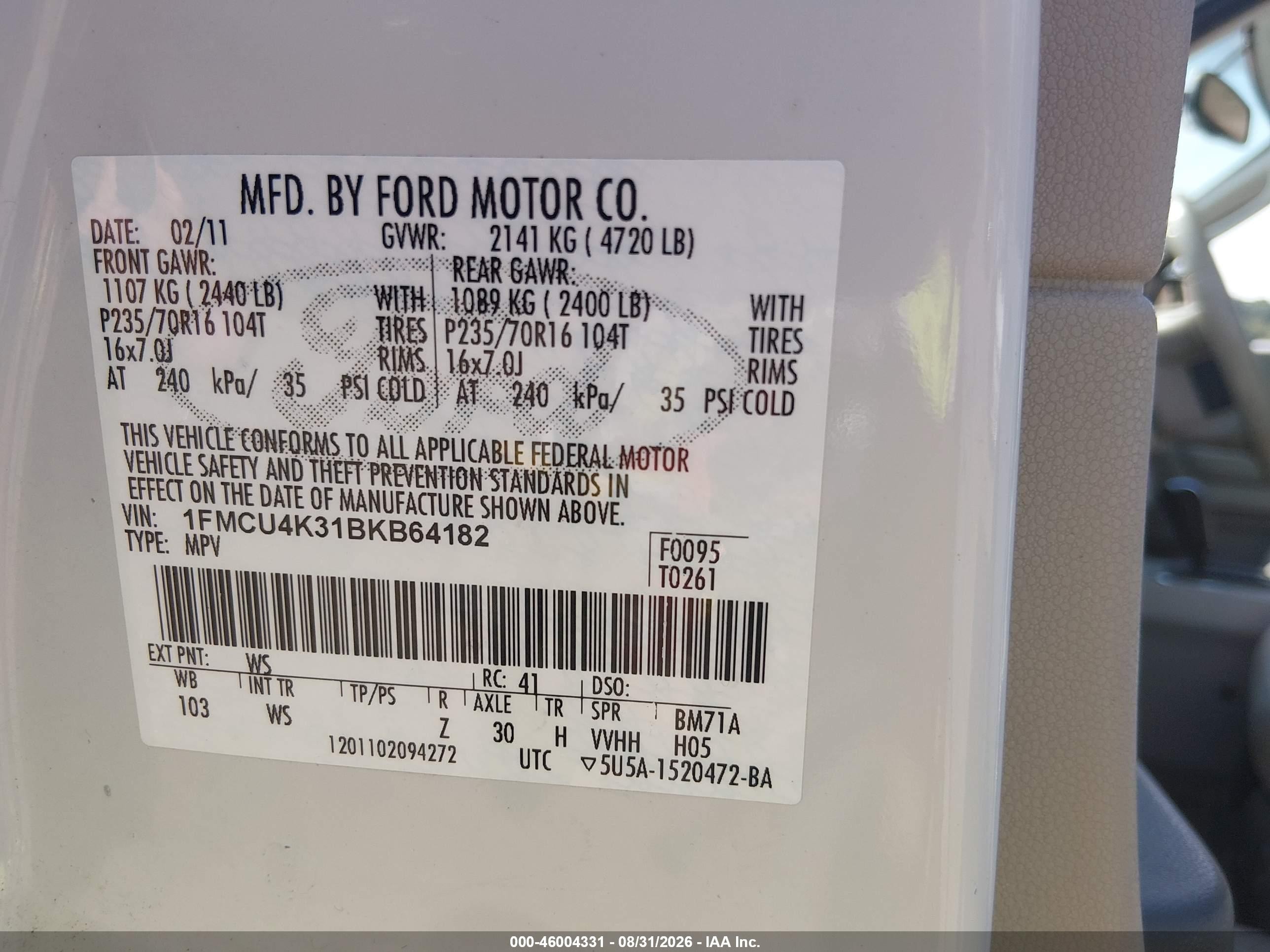 2011 Ford Escape Hybrid   Белый vin: 1FMCU4K31BKB64182