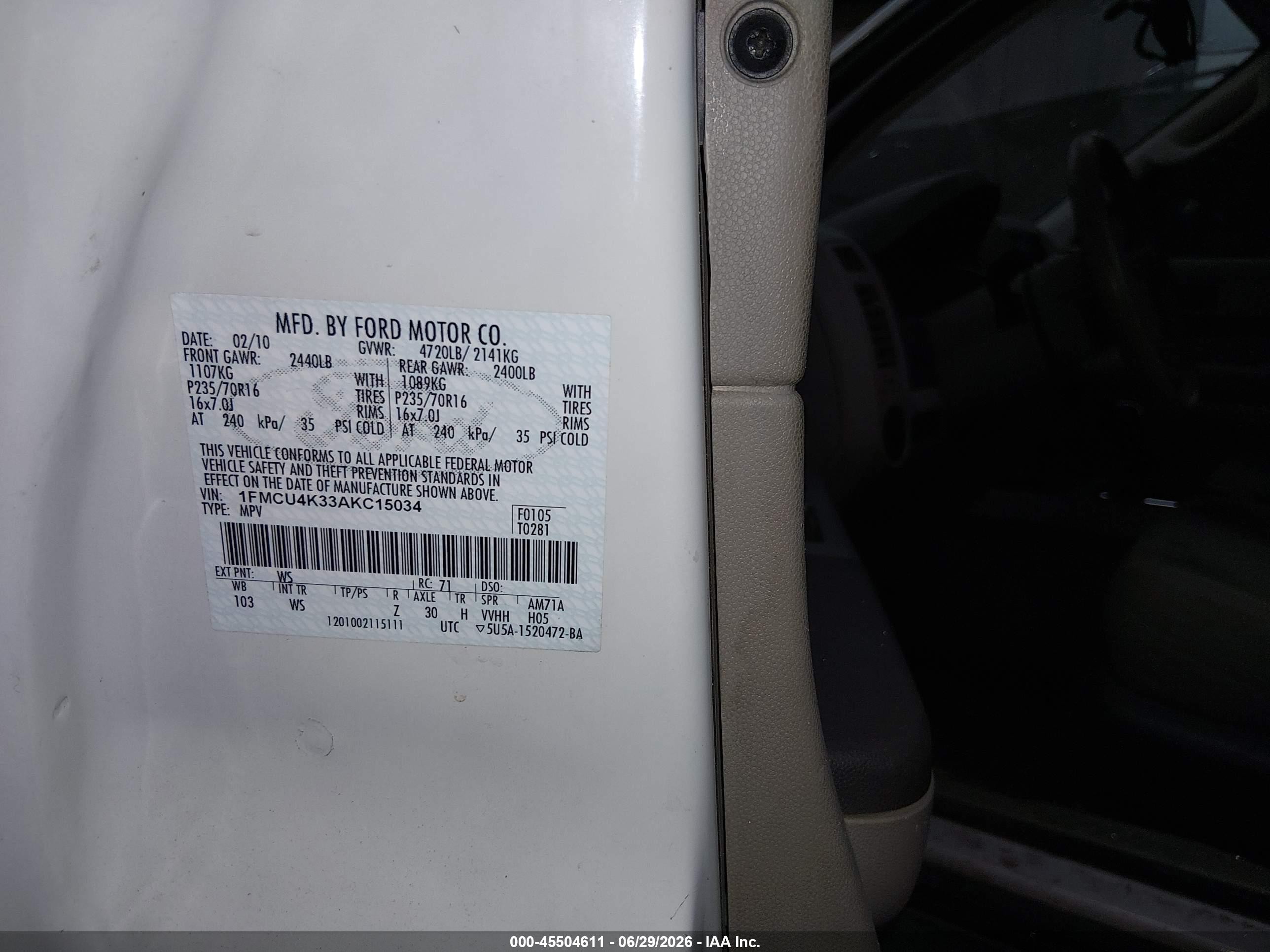 2010 Ford Escape Hybrid   White vin: 1FMCU4K33AKC15034