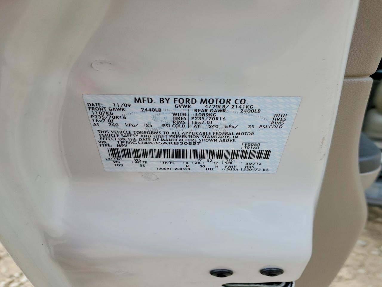 2010 Ford Escape Hybrid White vin: 1FMCU4K35AKB30857