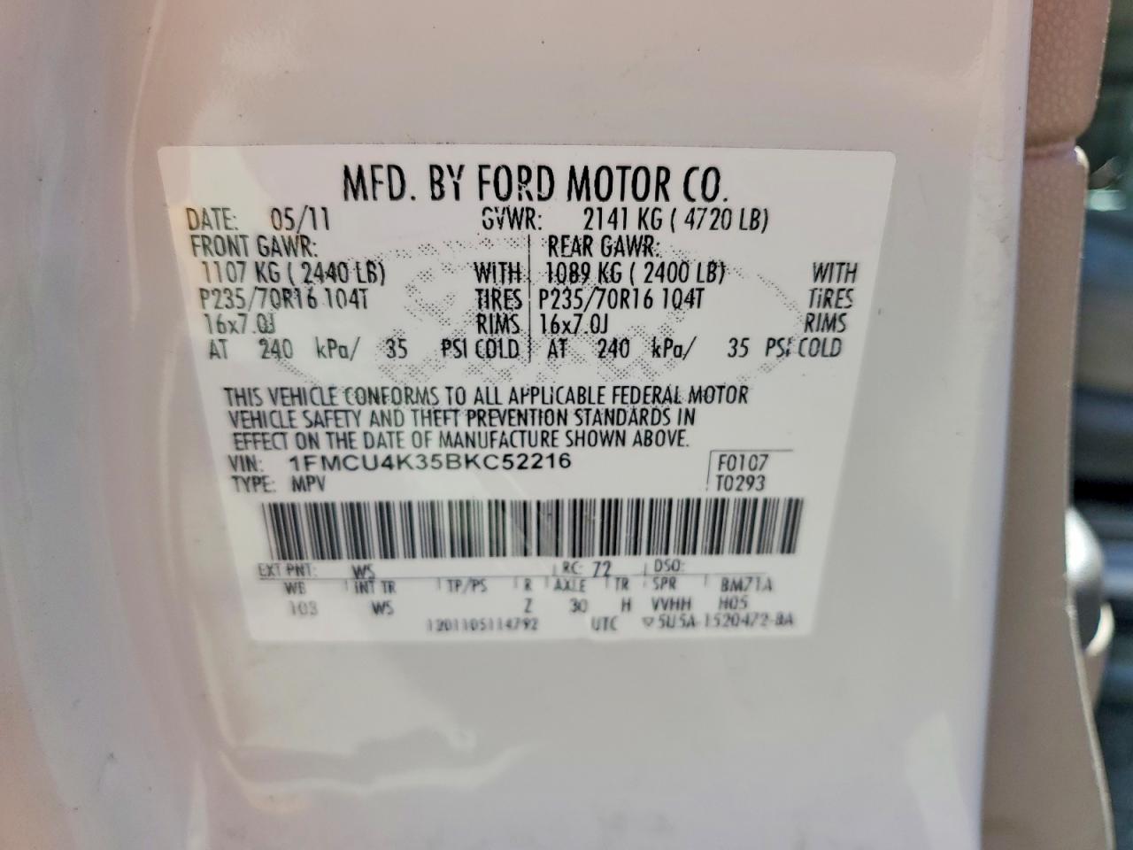 2011 Ford Escape Hybrid White vin: 1FMCU4K35BKC52216