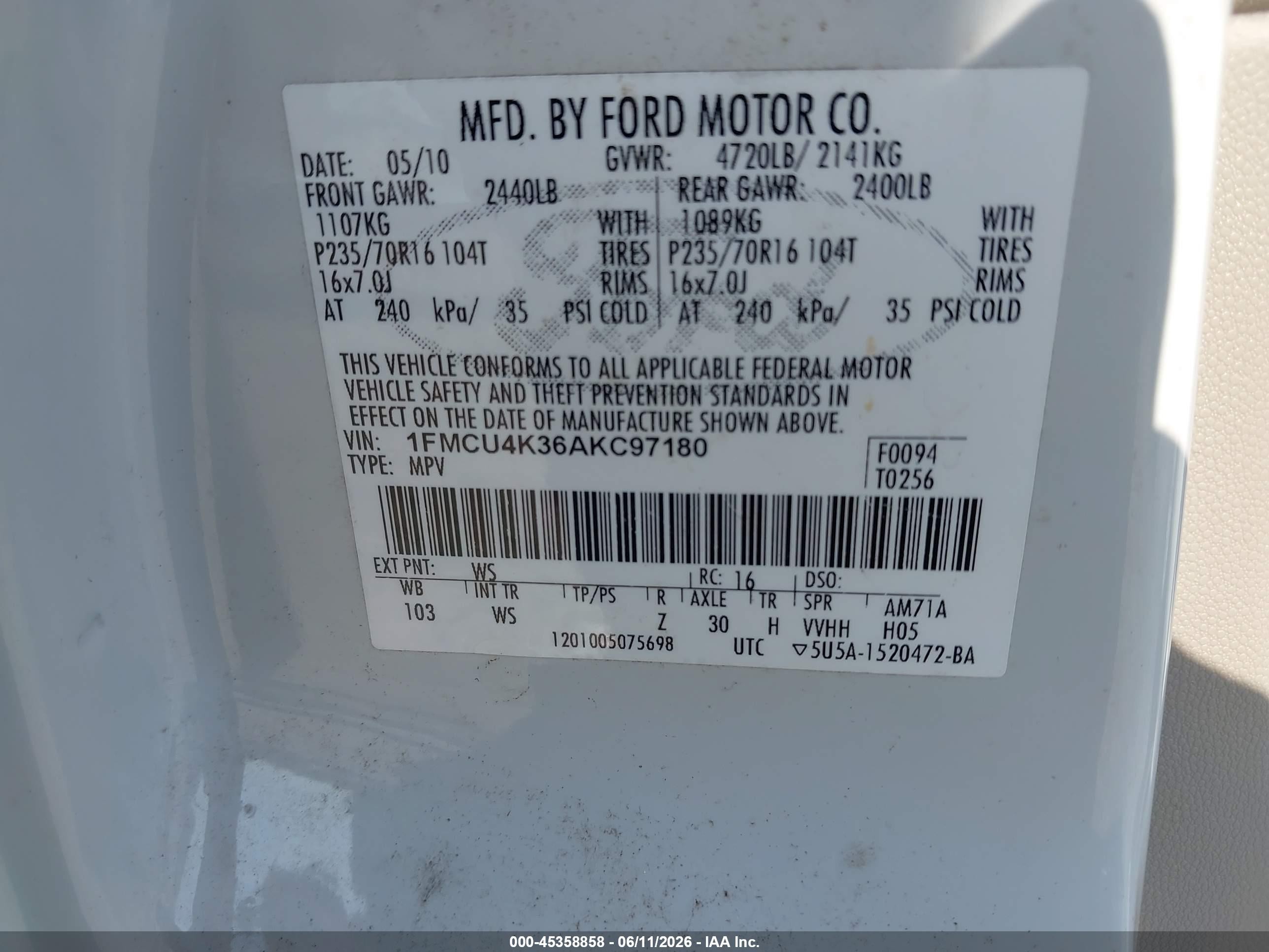 2010 Ford Escape Hybrid Limited White vin: 1FMCU4K36AKC97180