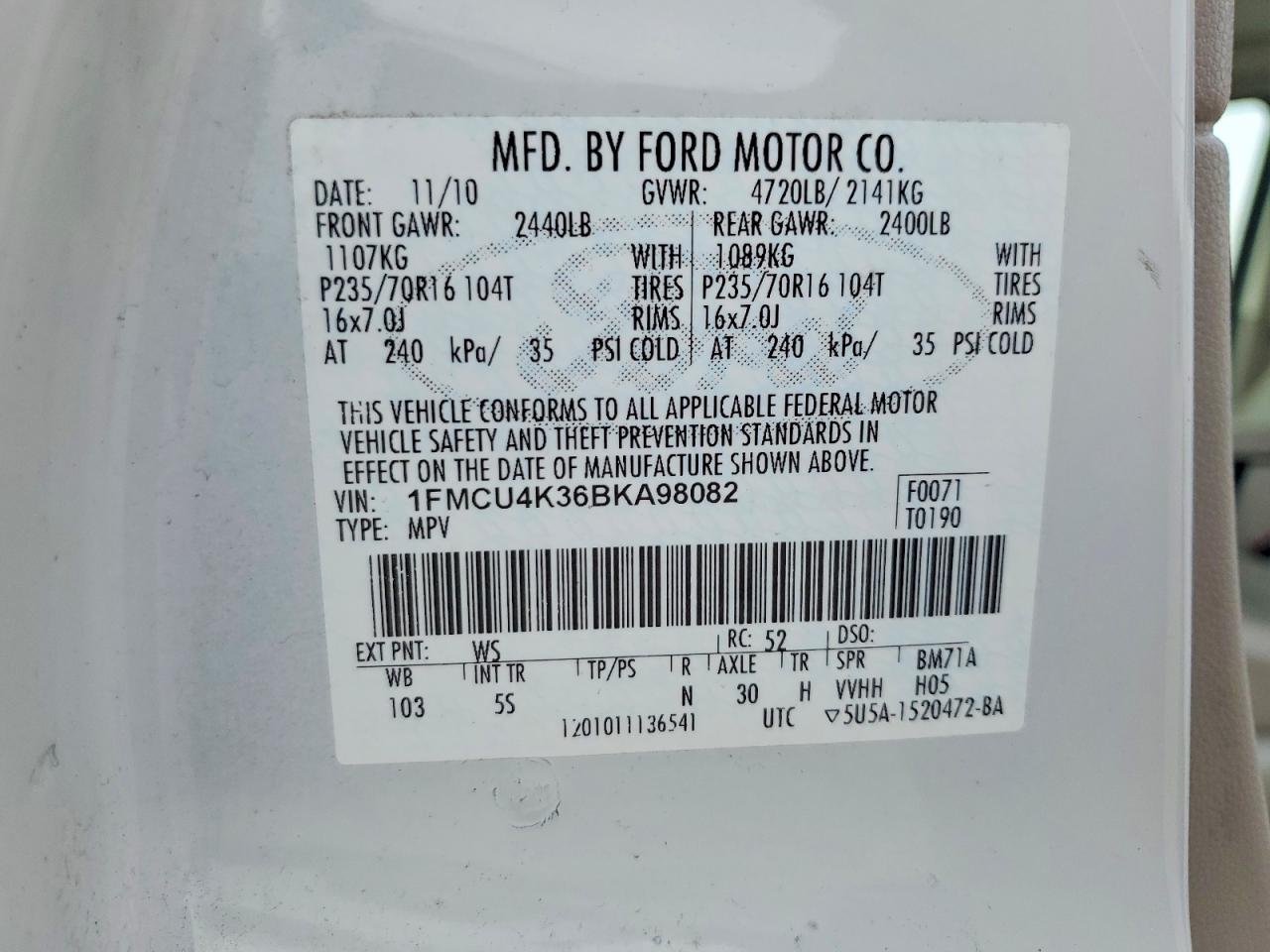2011 Ford Escape Hybrid White vin: 1FMCU4K36BKA98082