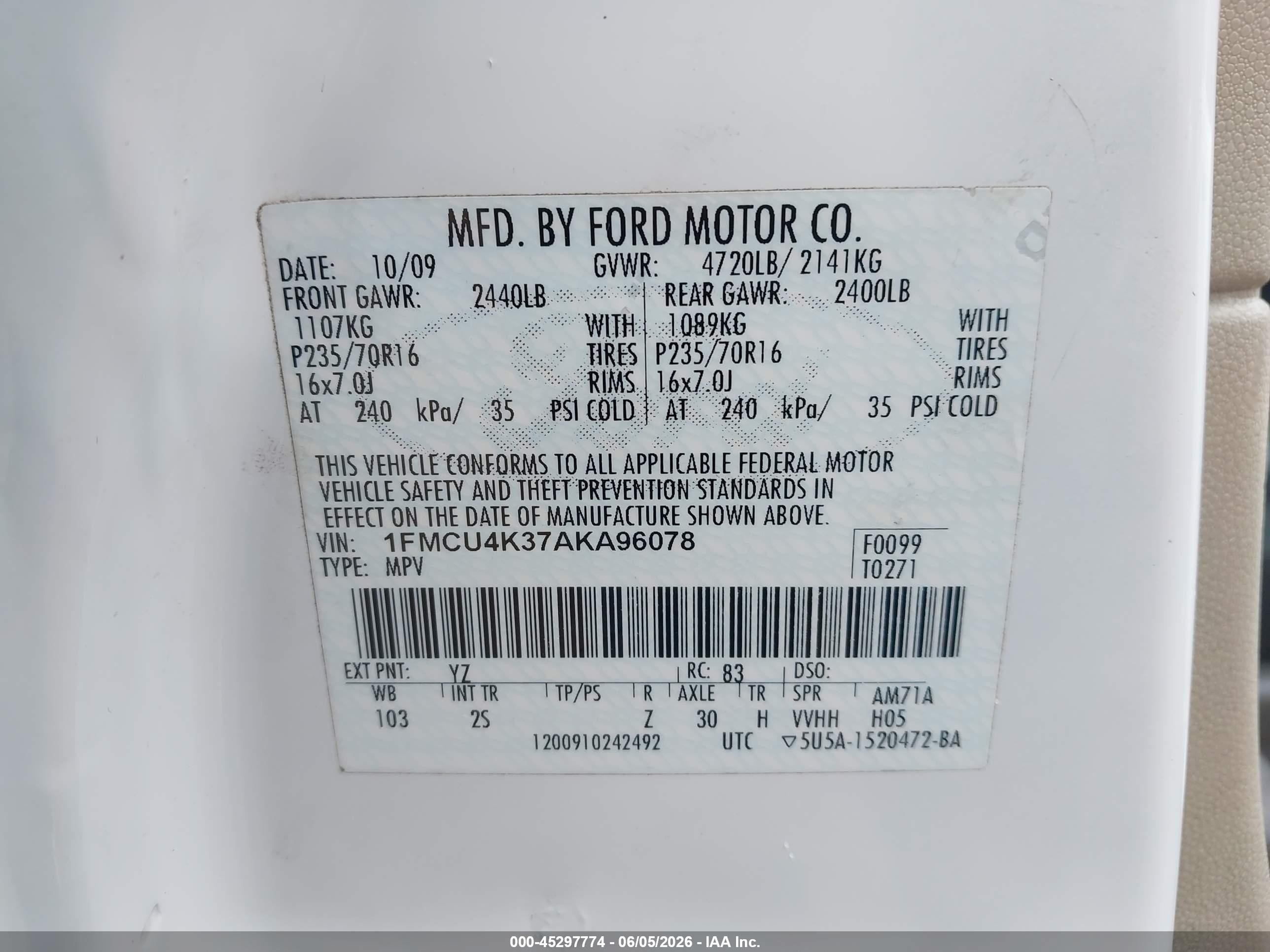 2010 Ford Escape Hybrid Limited Белый vin: 1FMCU4K37AKA96078