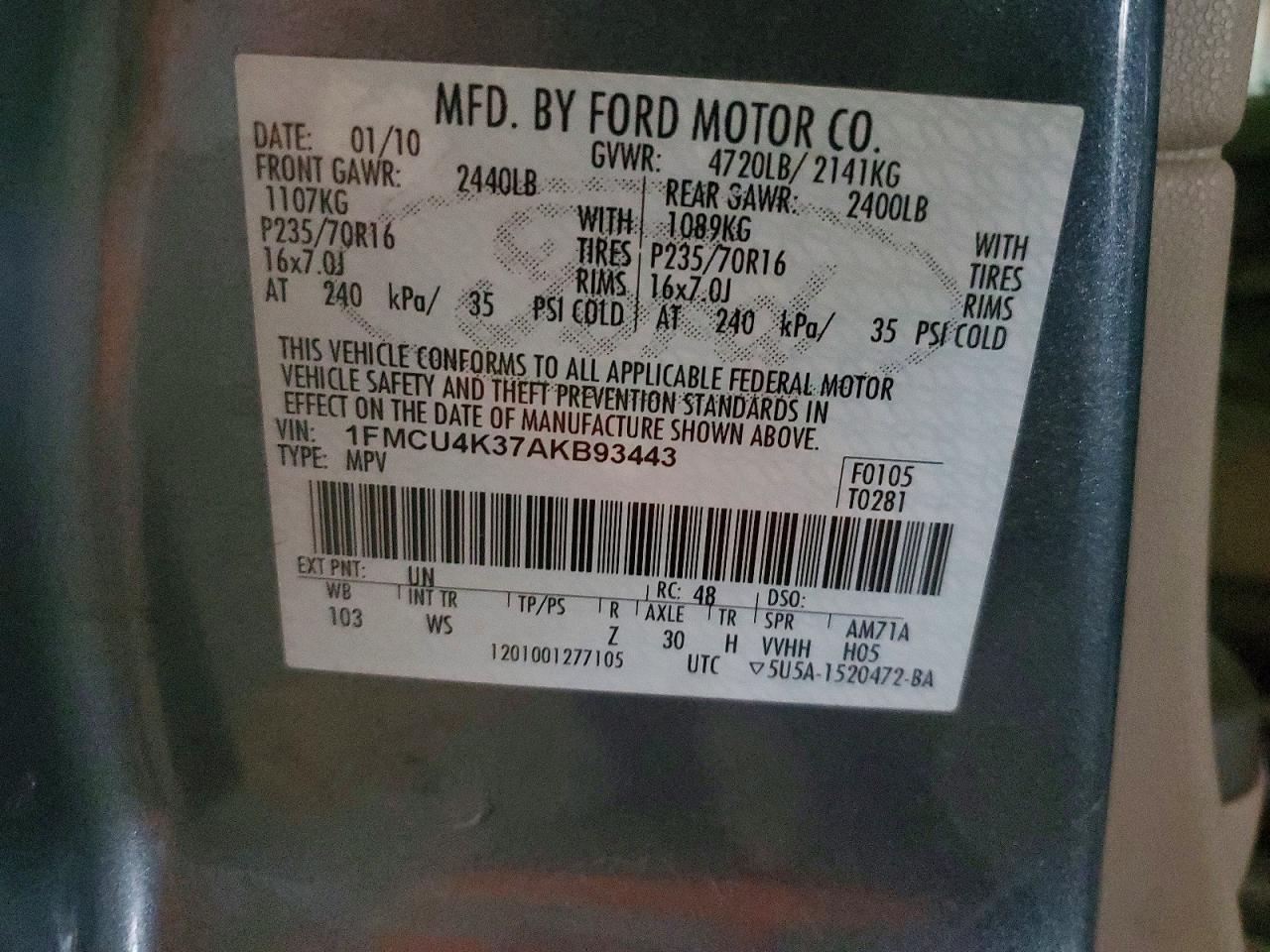 2010 Ford Escape Hybrid Blue vin: 1FMCU4K37AKB93443