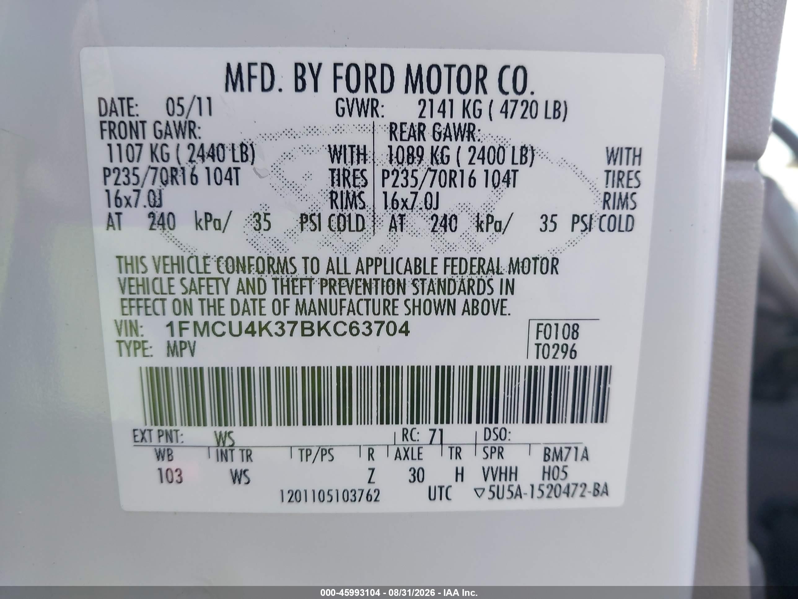 2011 Ford Escape Hybrid   White vin: 1FMCU4K37BKC63704
