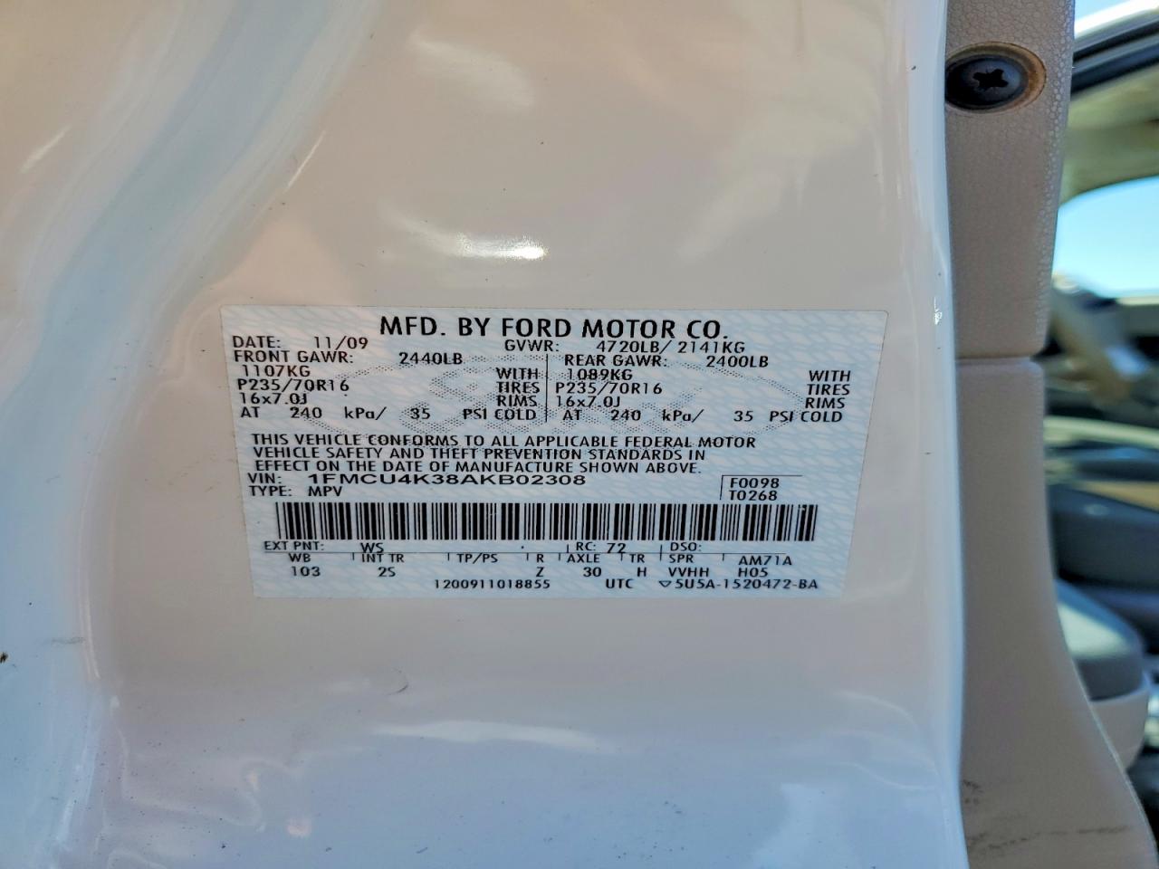 2010 Ford Escape Hybrid White vin: 1FMCU4K38AKB02308