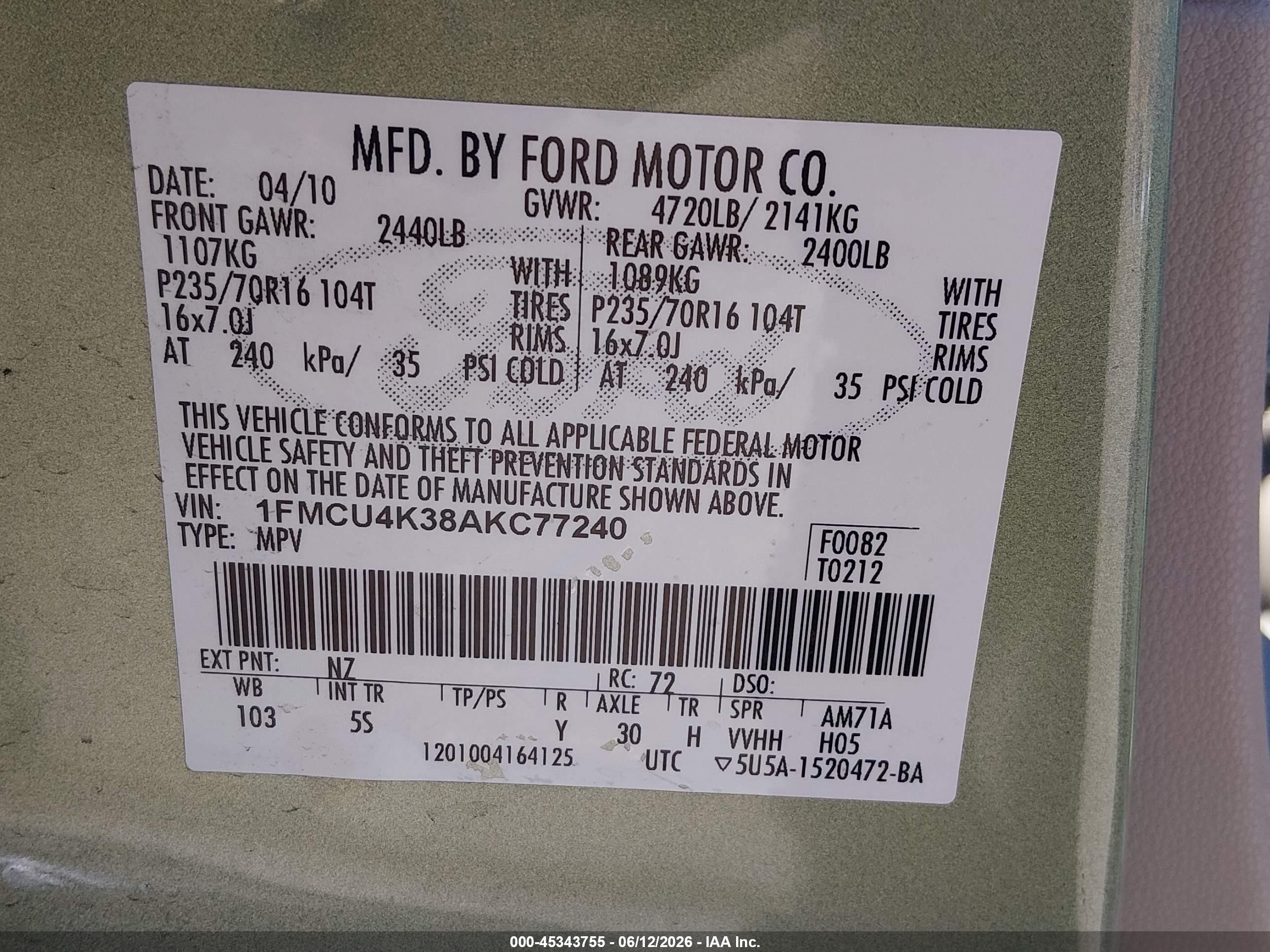 2010 Ford Escape Hybrid Limited Зеленый vin: 1FMCU4K38AKC77240