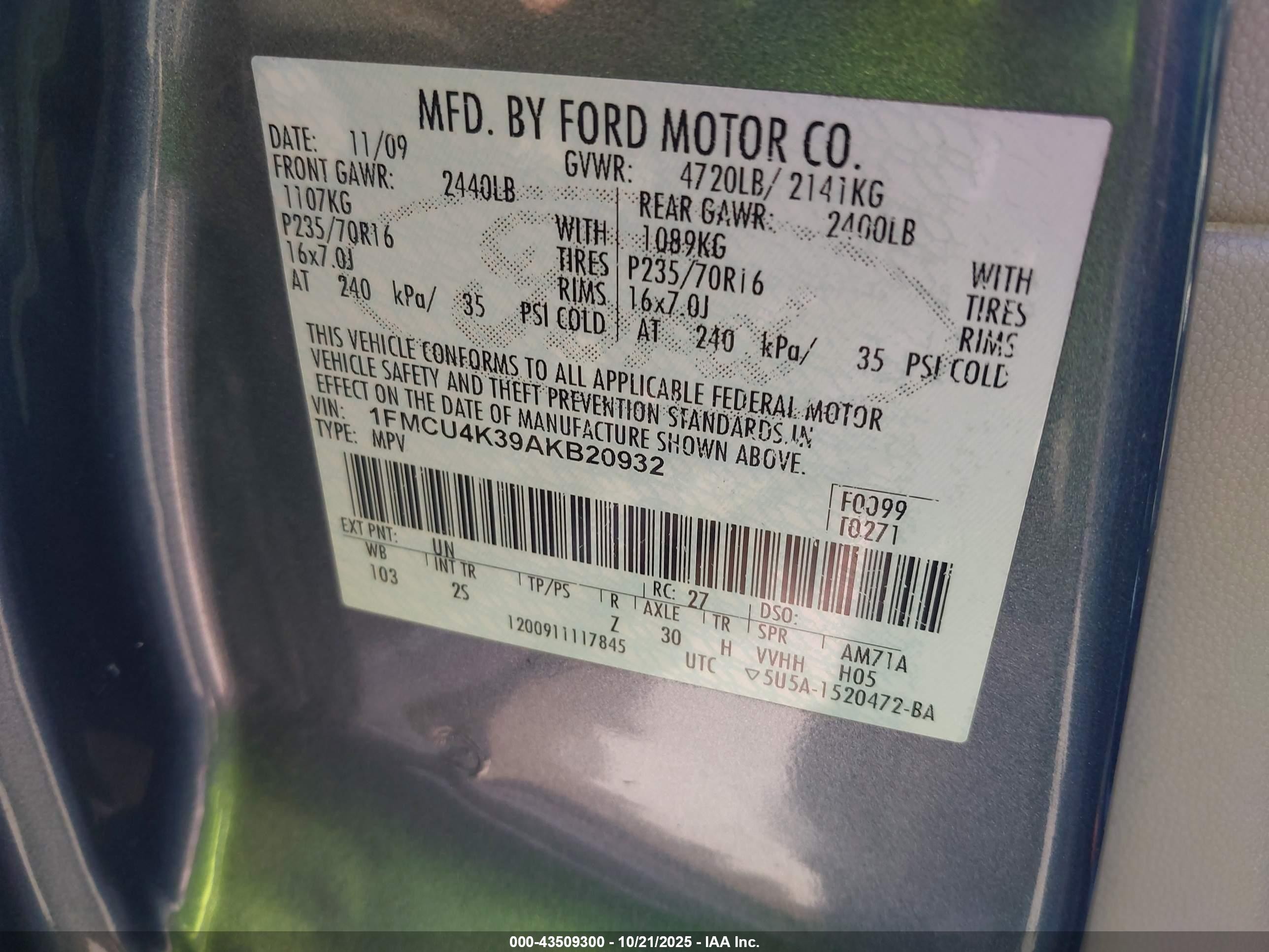 2010 Ford Escape Hybrid Limited Синий vin: 1FMCU4K39AKB20932