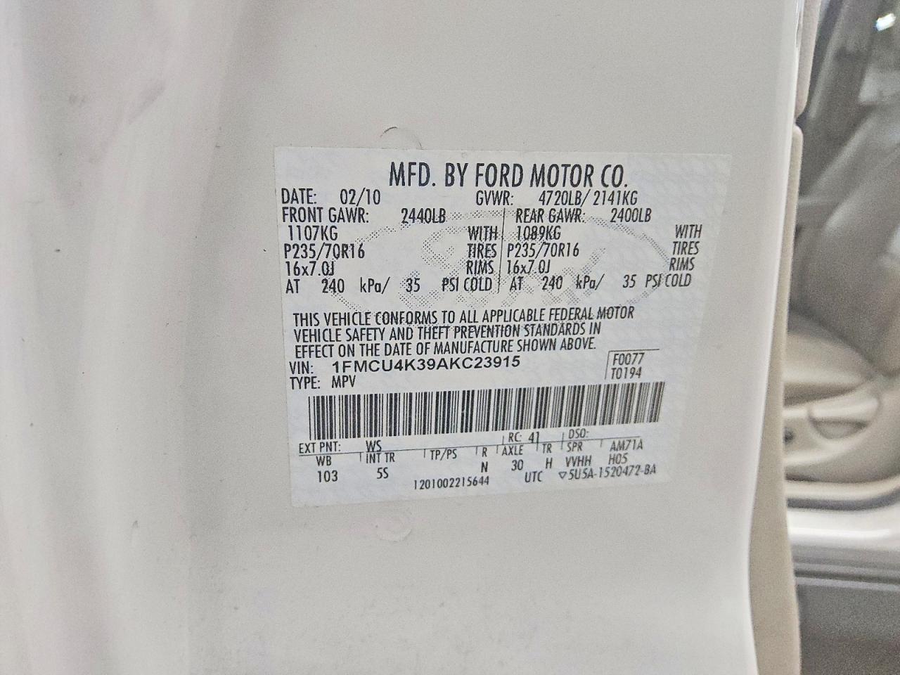 2010 Ford Escape Hybrid White vin: 1FMCU4K39AKC23915