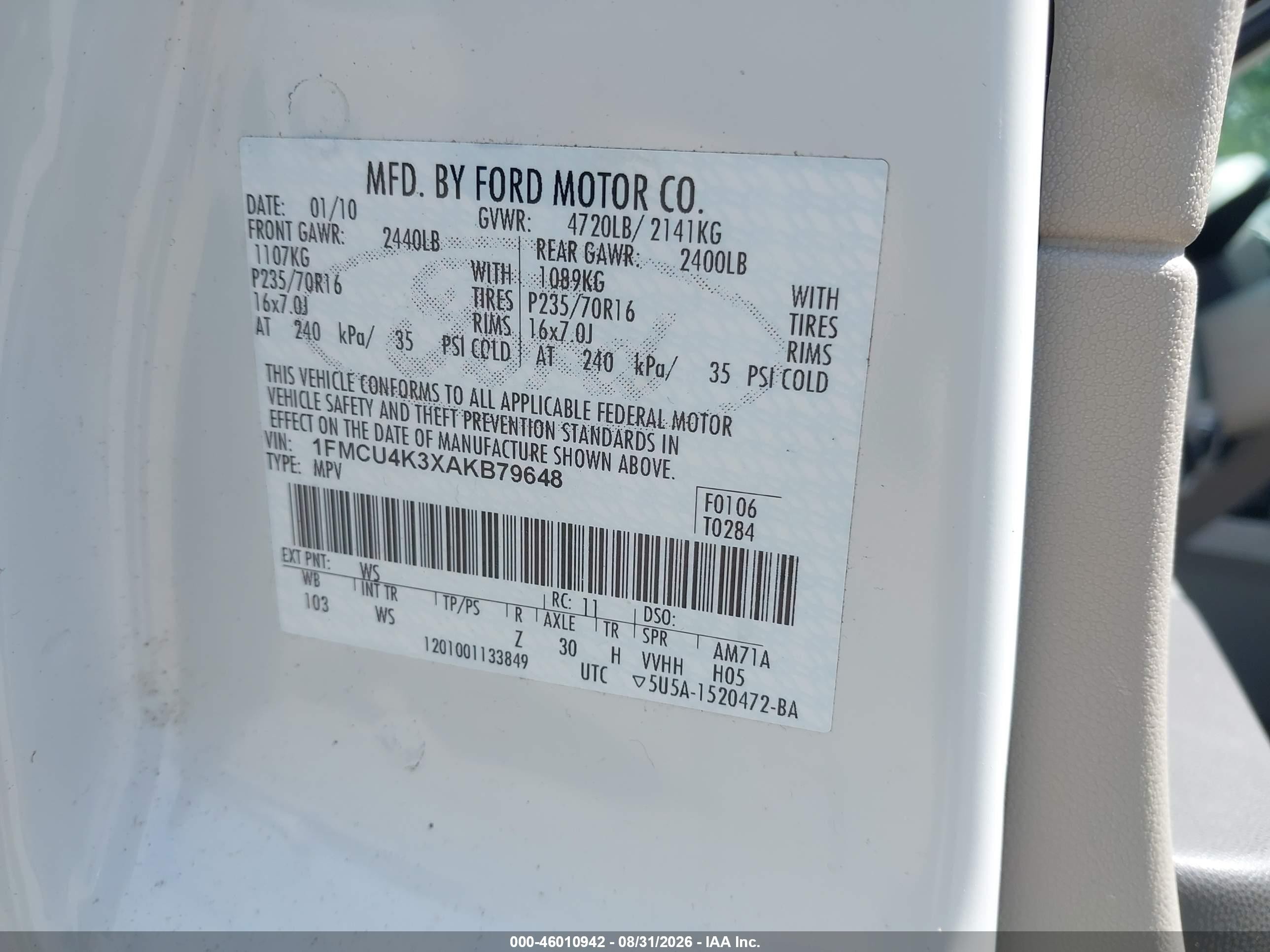 2010 Ford Escape Hybrid Limited White vin: 1FMCU4K3XAKB79648