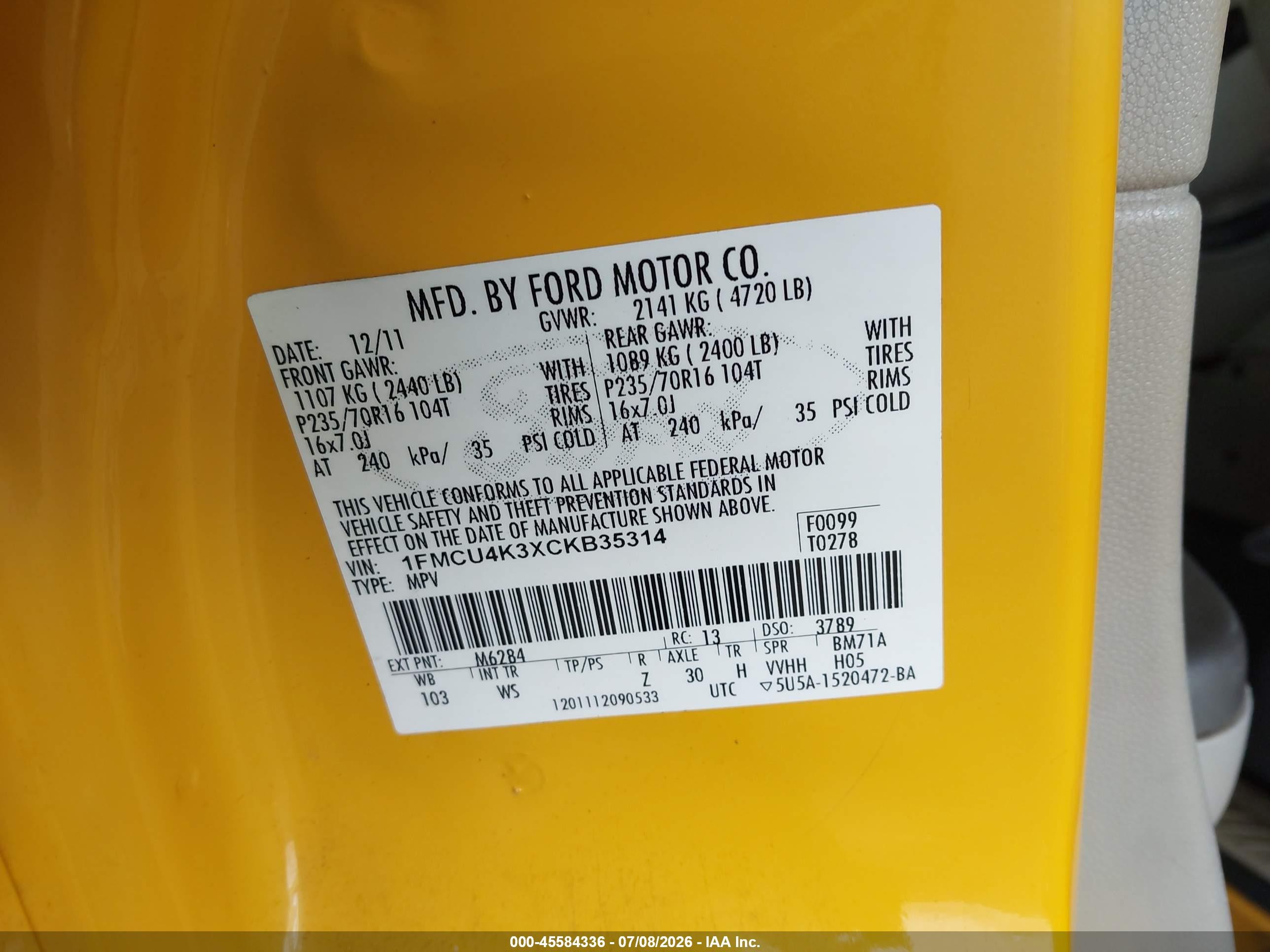 2012 Ford Escape Hybrid Limited Yellow vin: 1FMCU4K3XCKB35314