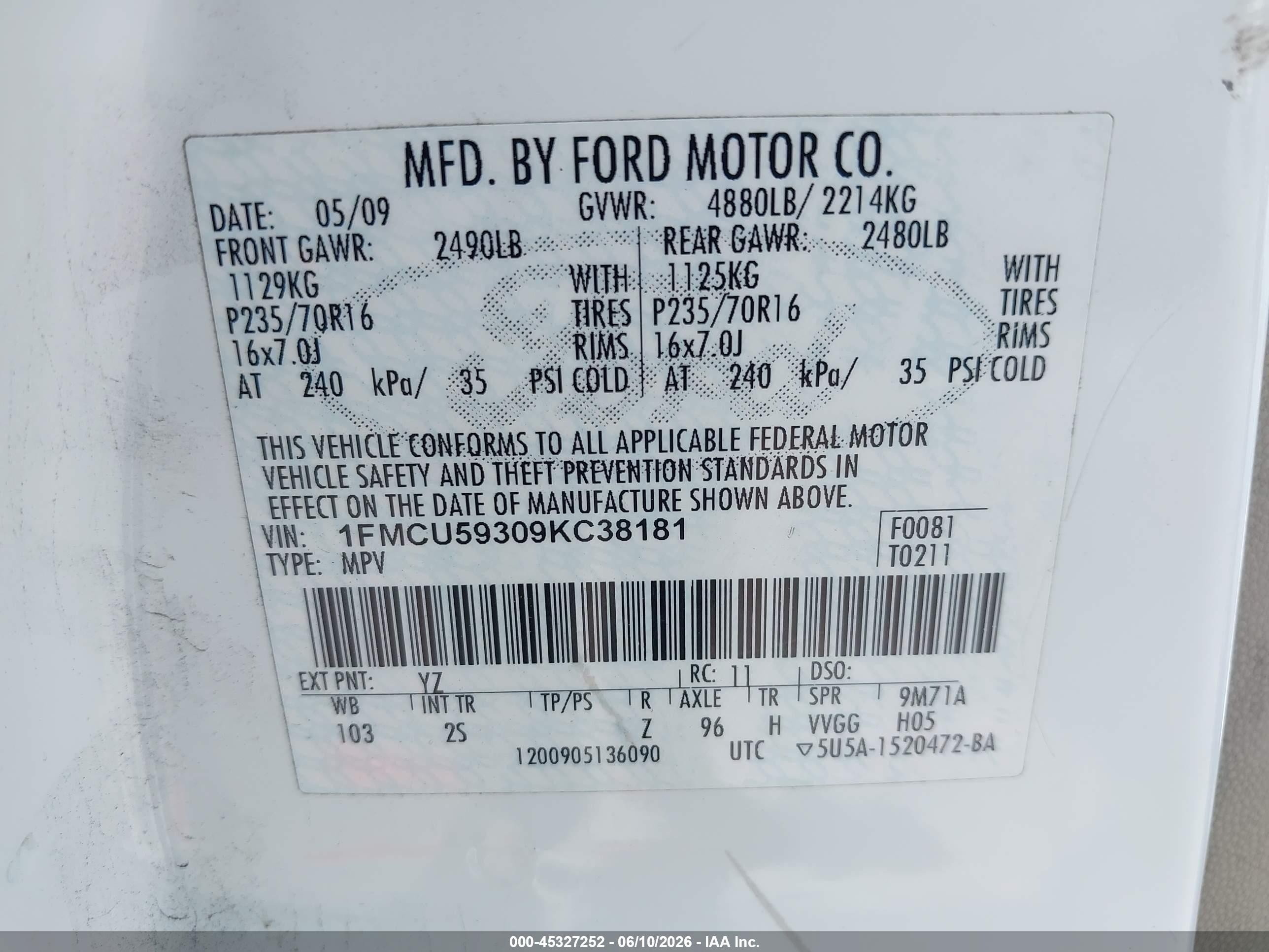 2009 Ford Escape Hybrid Limited White vin: 1FMCU59309KC38181