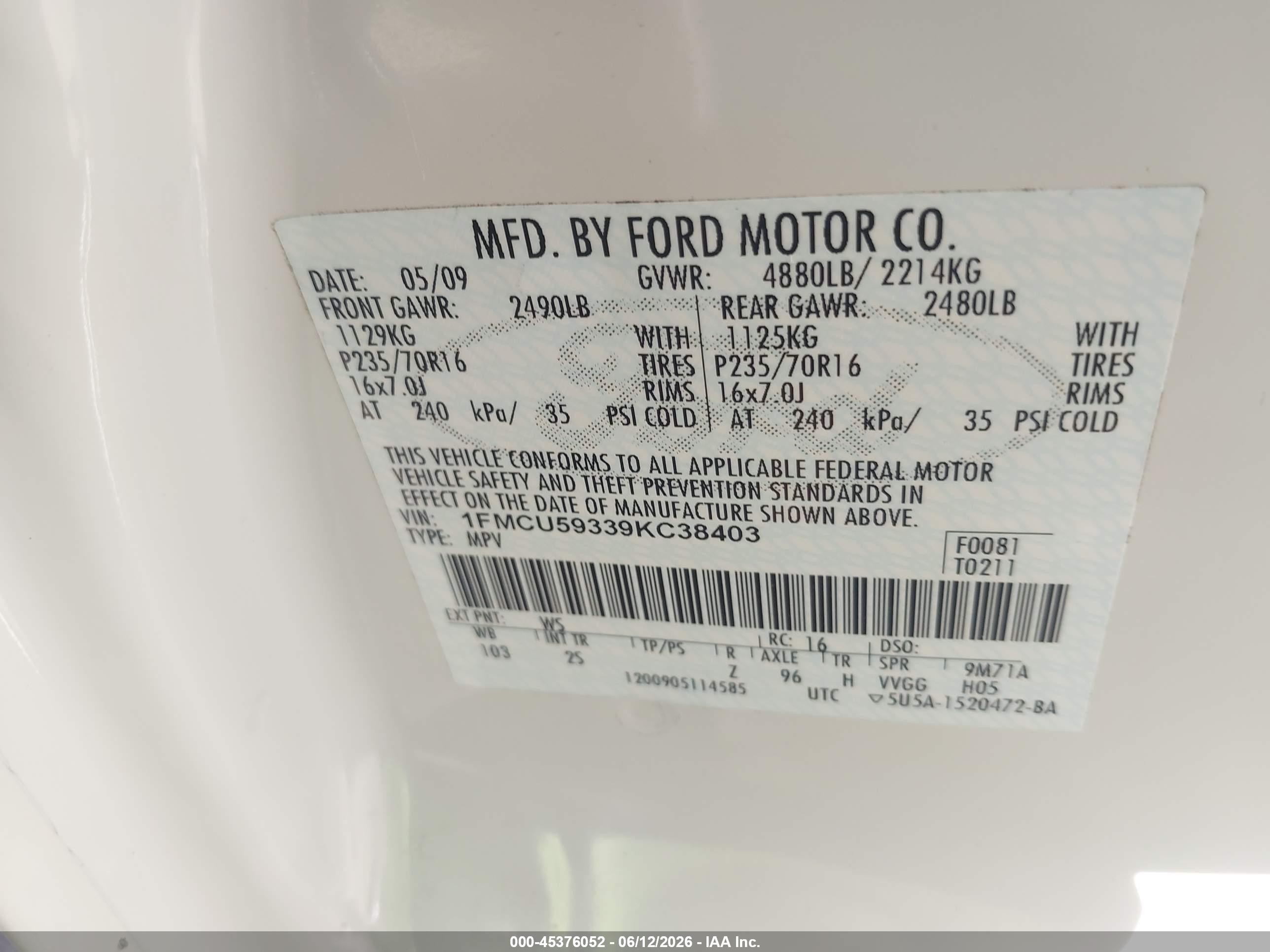 2009 Ford Escape Hybrid Limited Белый vin: 1FMCU59339KC38403