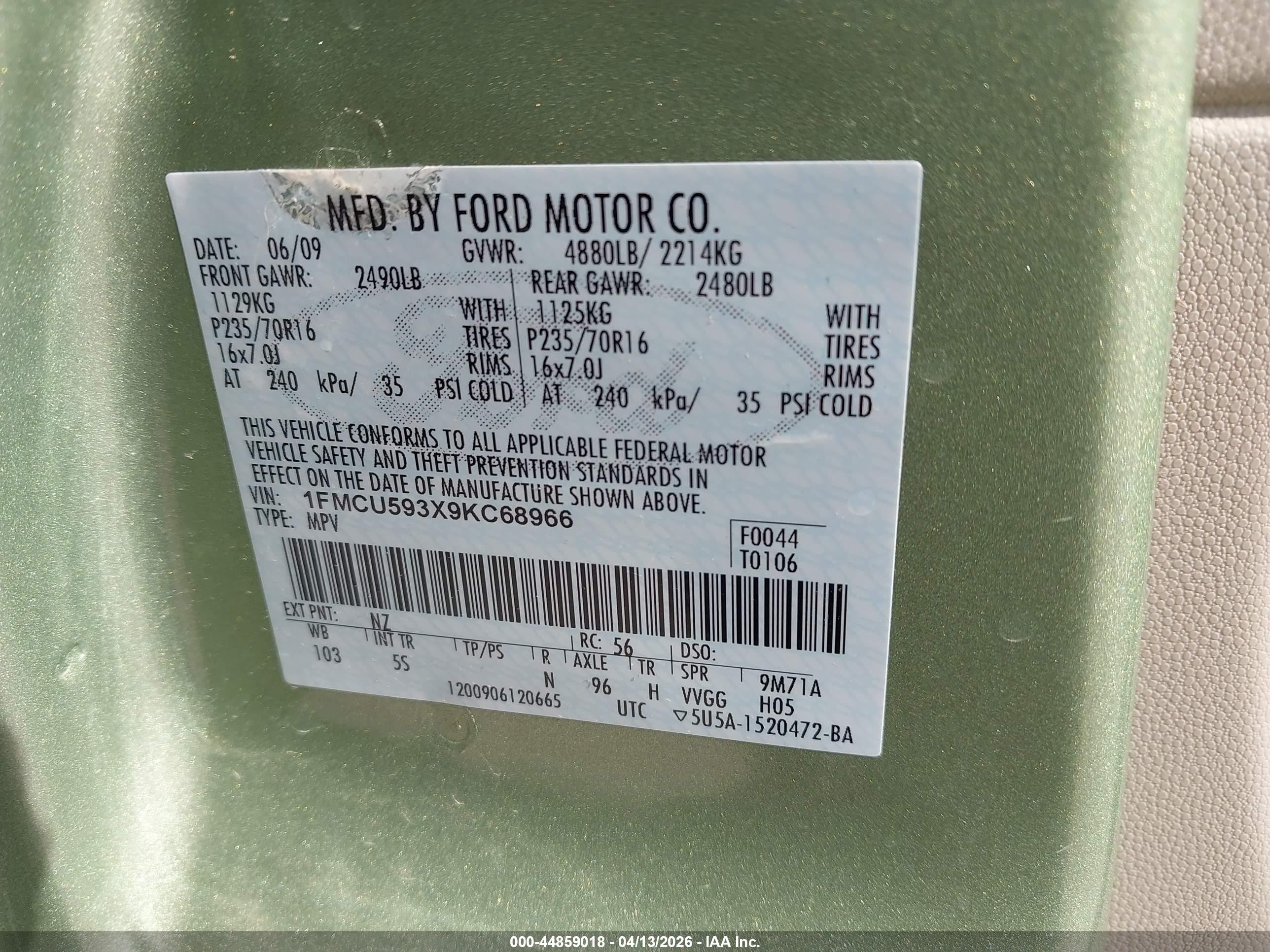 2009 Ford Escape Hybrid Limited Green vin: 1FMCU593X9KC68966