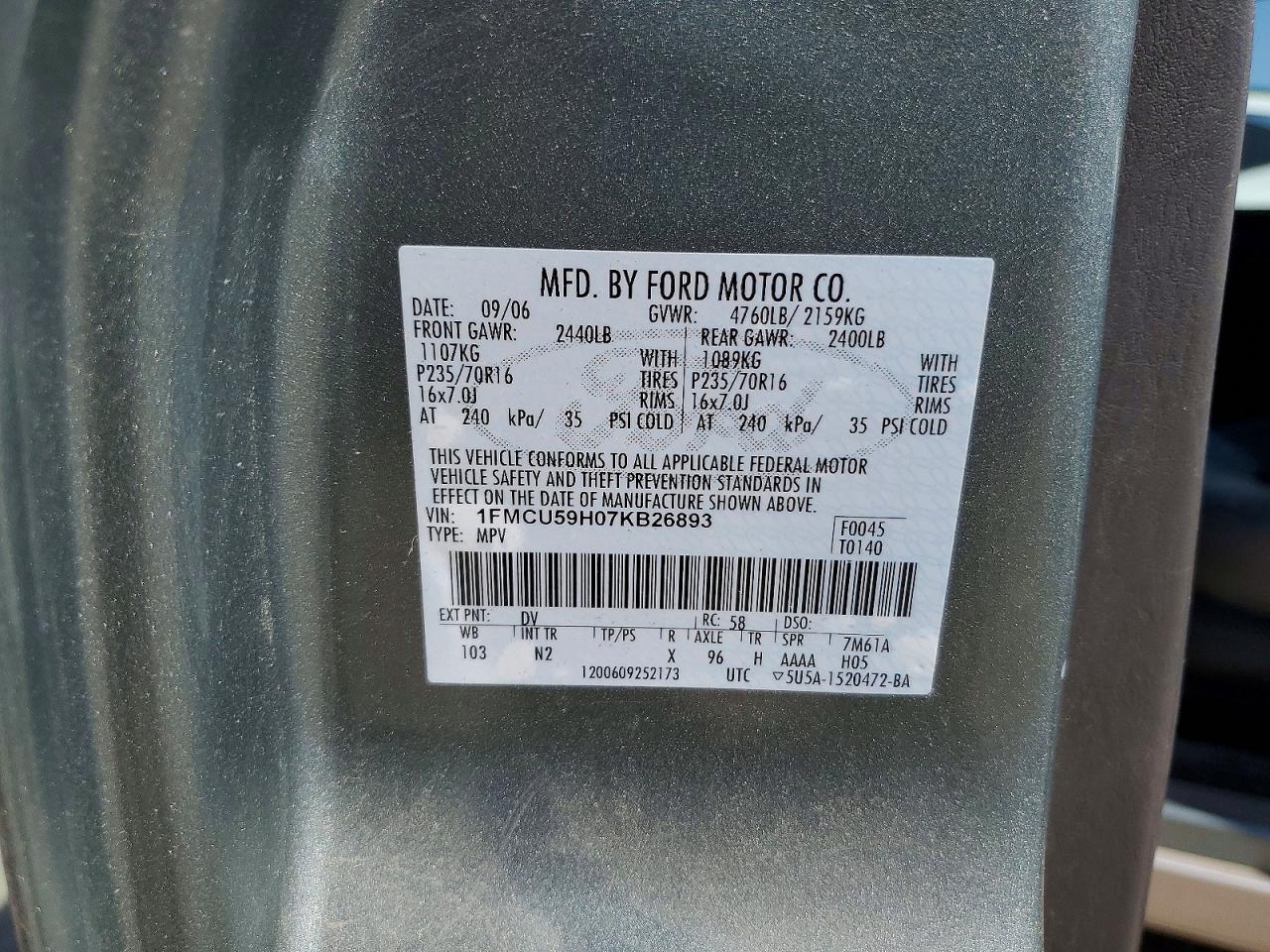 2007 Ford Escape Hev Green vin: 1FMCU59H07KB26893