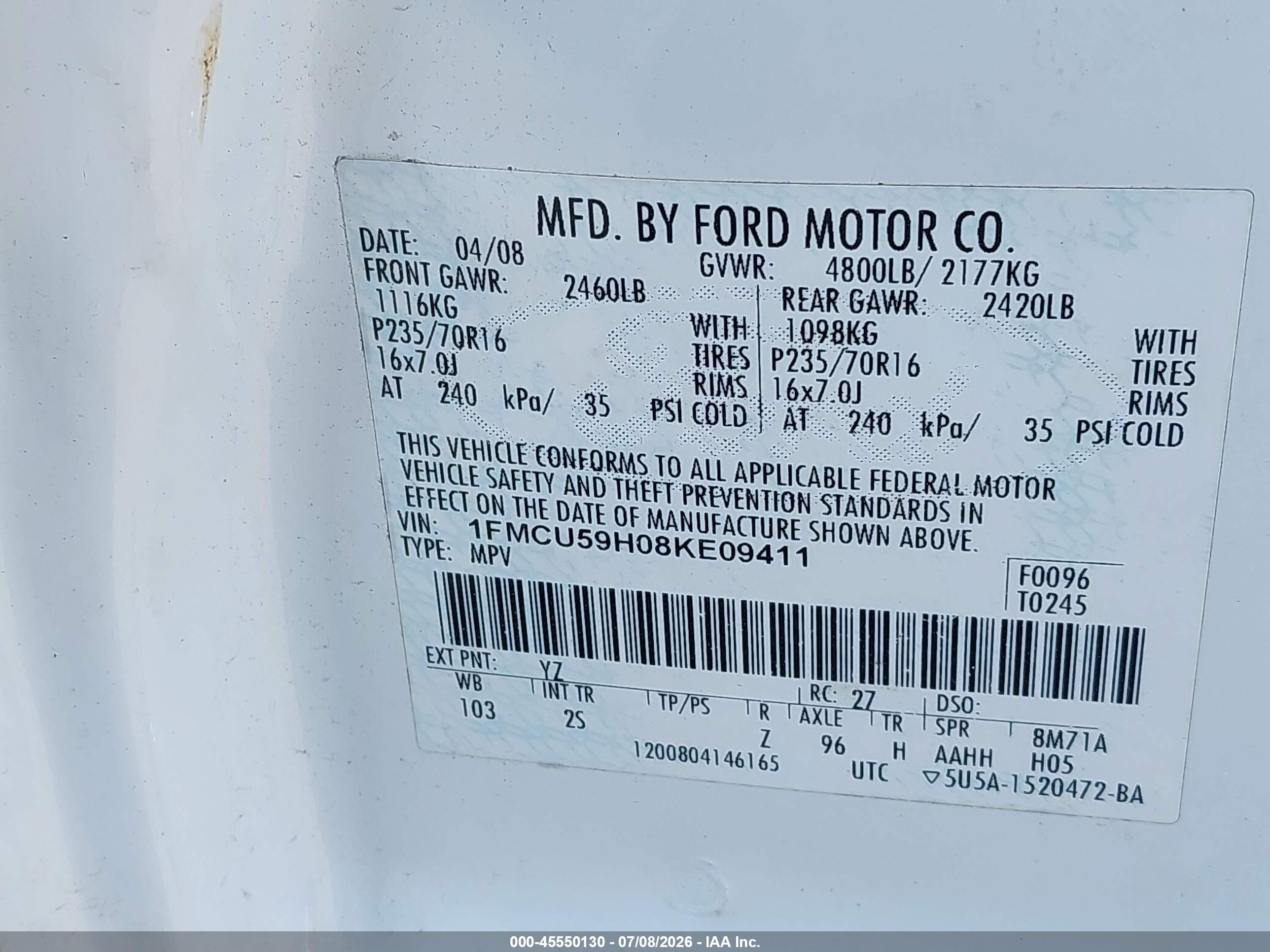2008 Ford Escape Hybrid   Белый vin: 1FMCU59H08KE09411