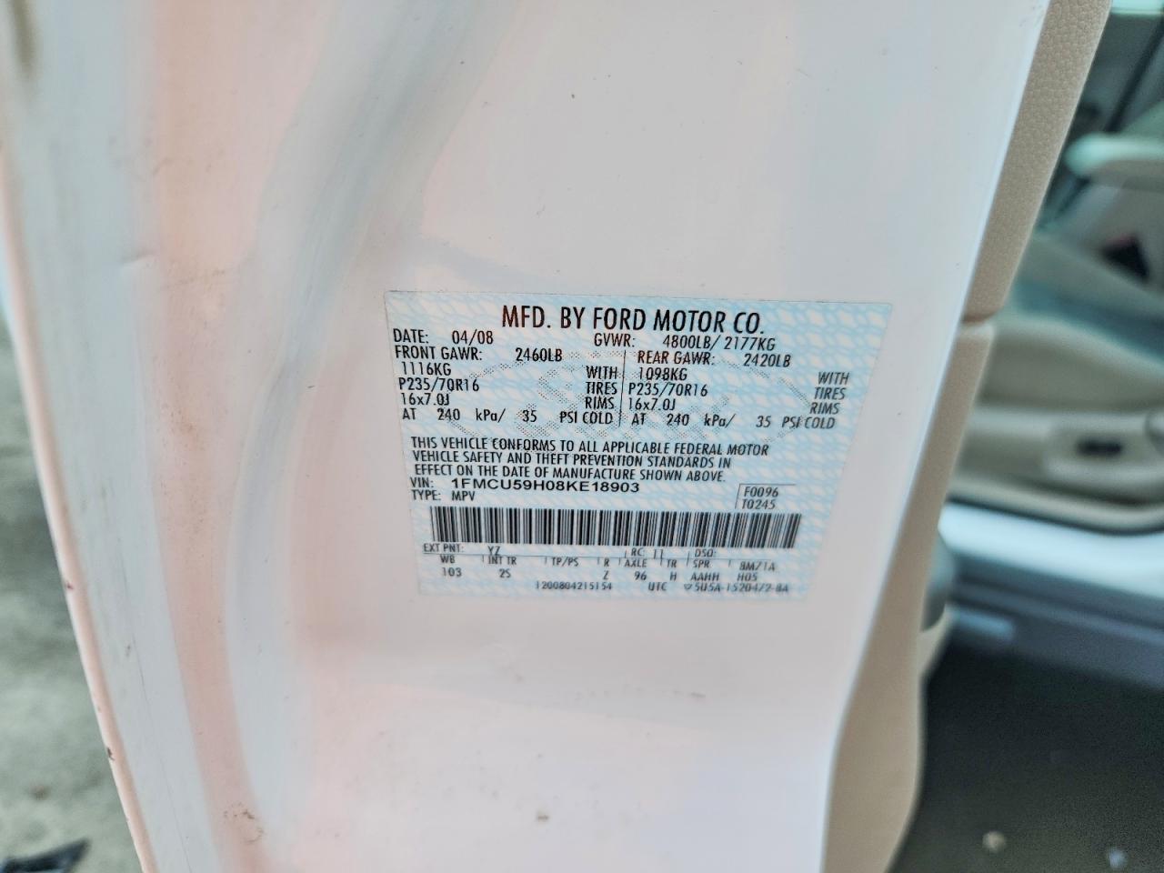 2008 Ford Escape Hev White vin: 1FMCU59H08KE18903